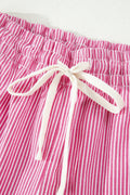 Pink Stripe Drawstring Elastic Waist Casual Denim Shorts