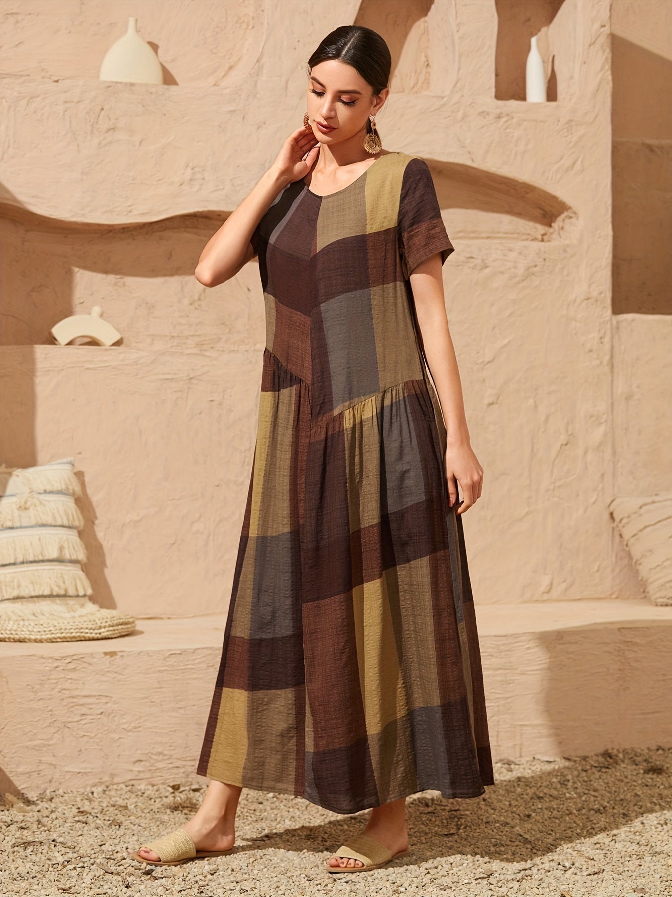 Loose Color Block Dress, Crew Neck Short Sleeve Vacation Dress, Casual Every Day Dress