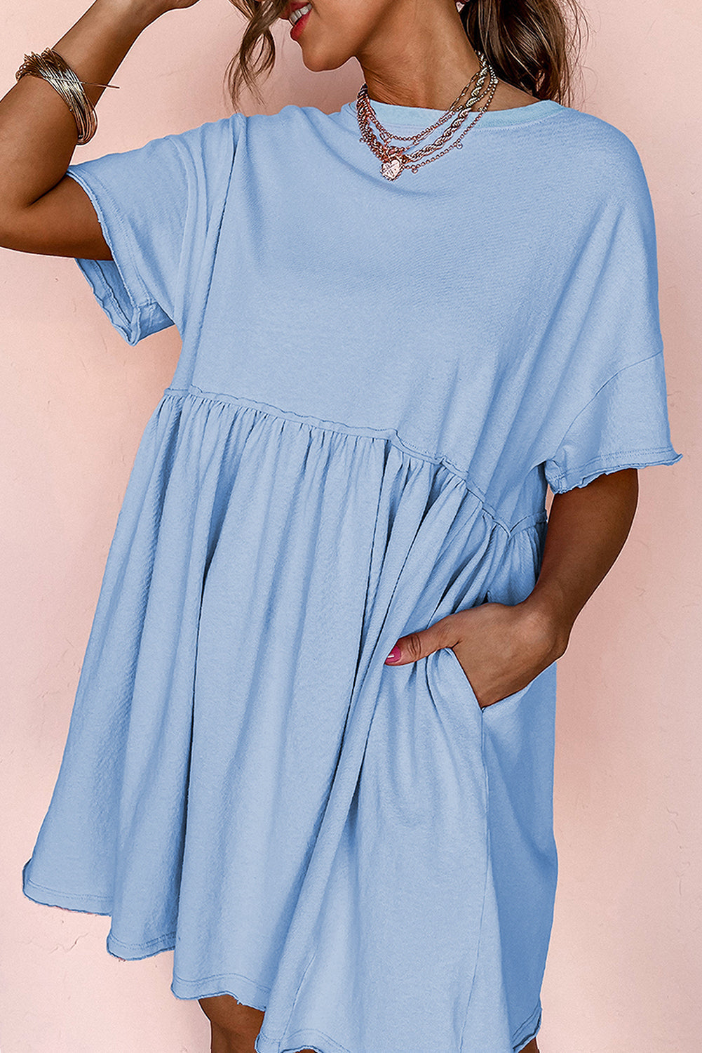 Sky Blue Solid Color Pocketed Raw Edge Babydoll Dress