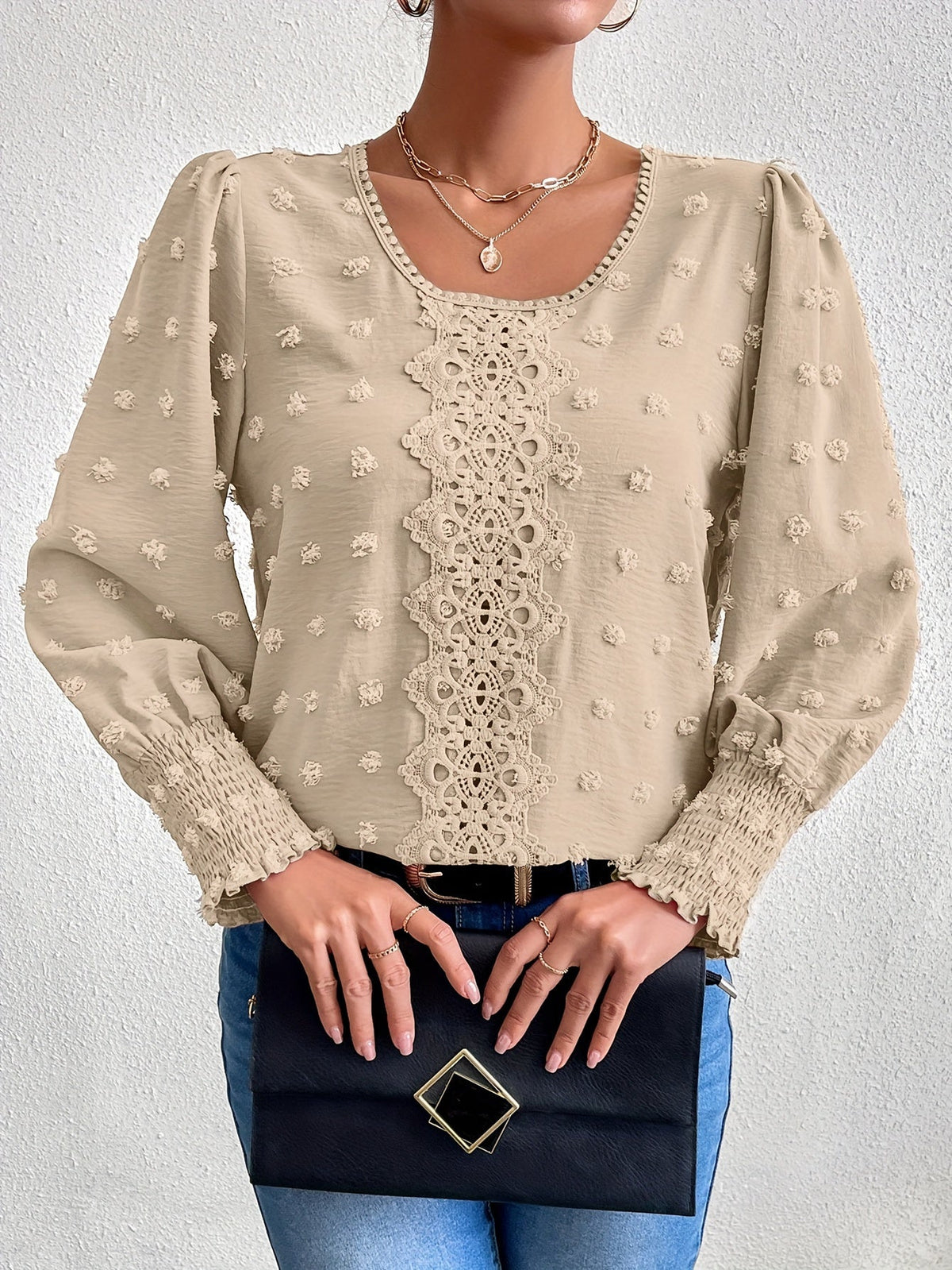 Swiss Dot Crew Neck Blouse, Elegant Long Sleeve Top