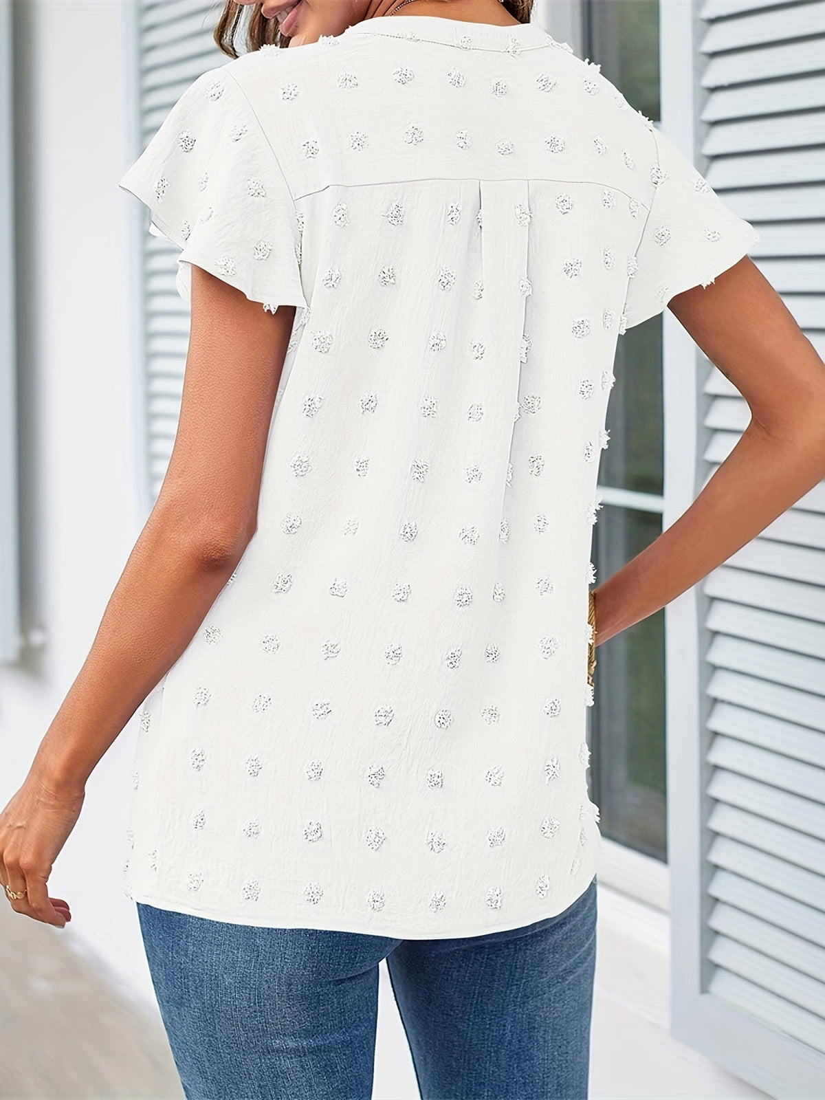 Swiss Dot V Neck Blouse, Casual Ruffle Sleeve Blouse
