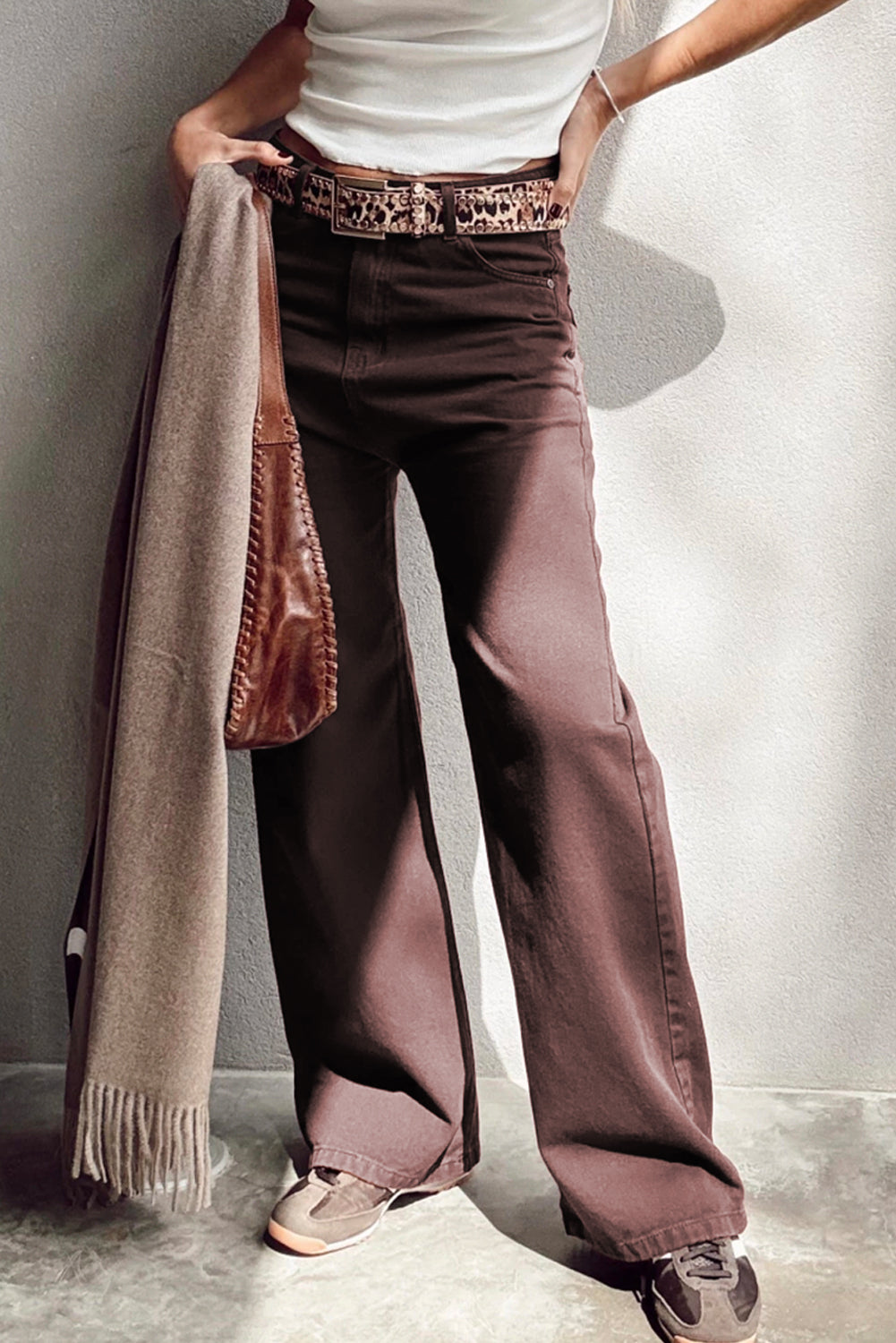 Coffee Loose Straight High Waist Solid Color Jeans