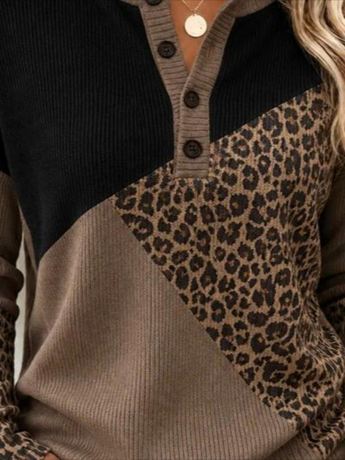 Leopard Printing Color Blocks Button Long Sleeve T-Shirt