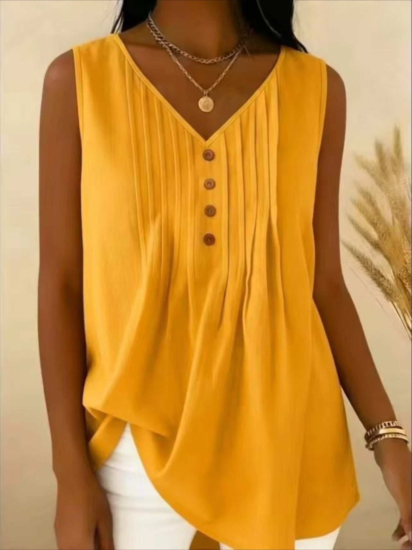 Elegant V Neck Sleeveless Button Summer Vacation Casual Tank Top