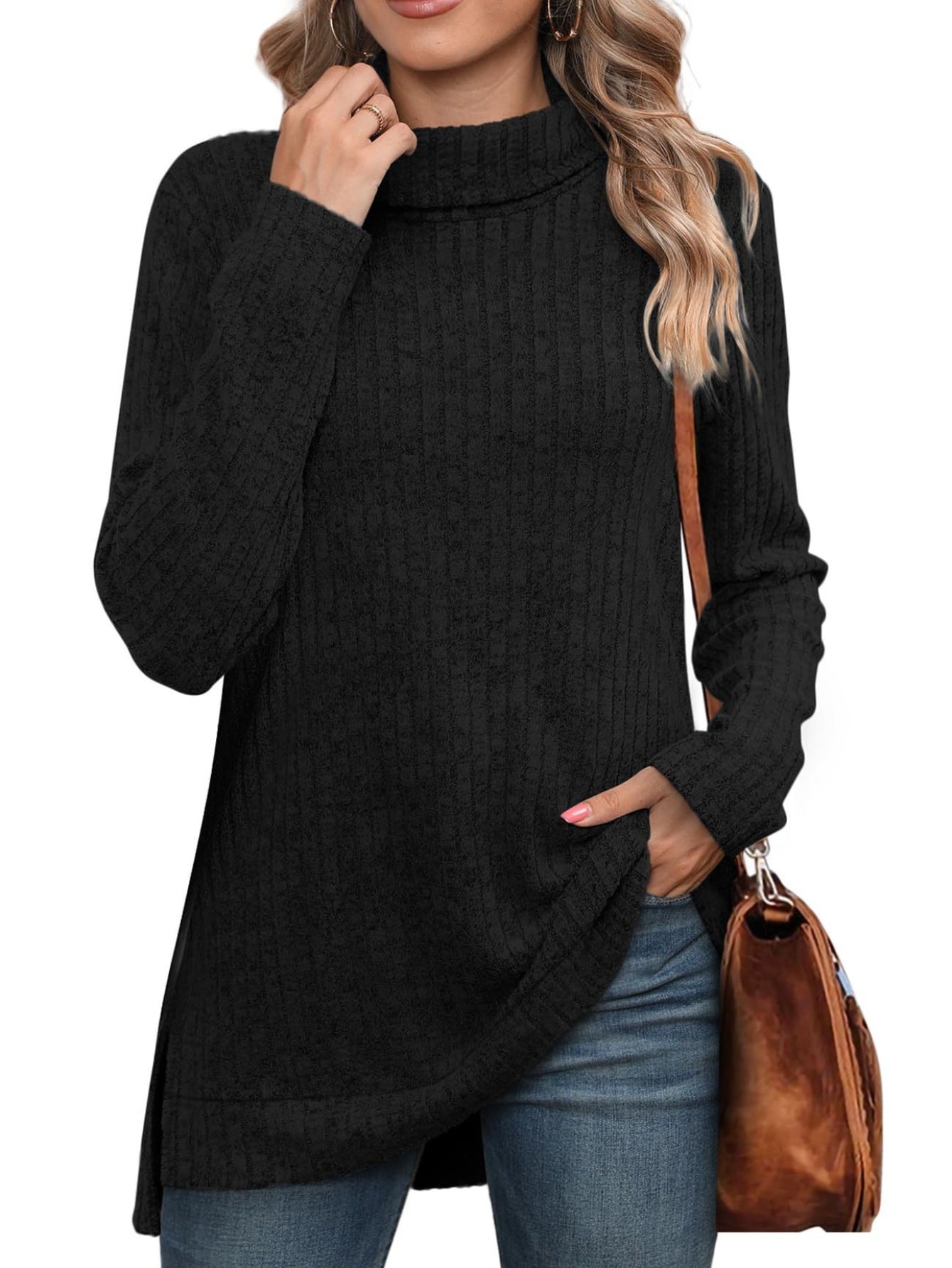 Ribbed Crew Neck Side Split T-Shirt, Casual Long Sleeve Top