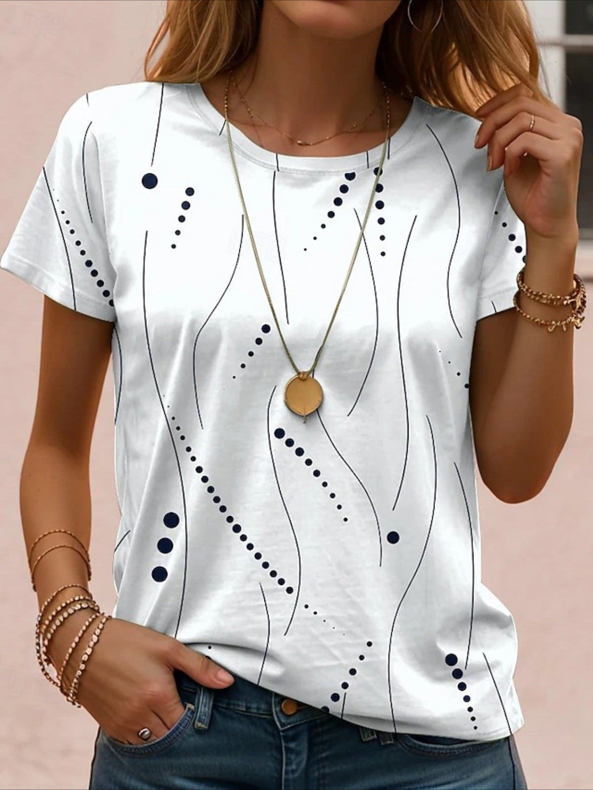 Print Graphic Geometric Striped Vintage Stylish Classic Short Sleeve Crew Neck Regular Tops