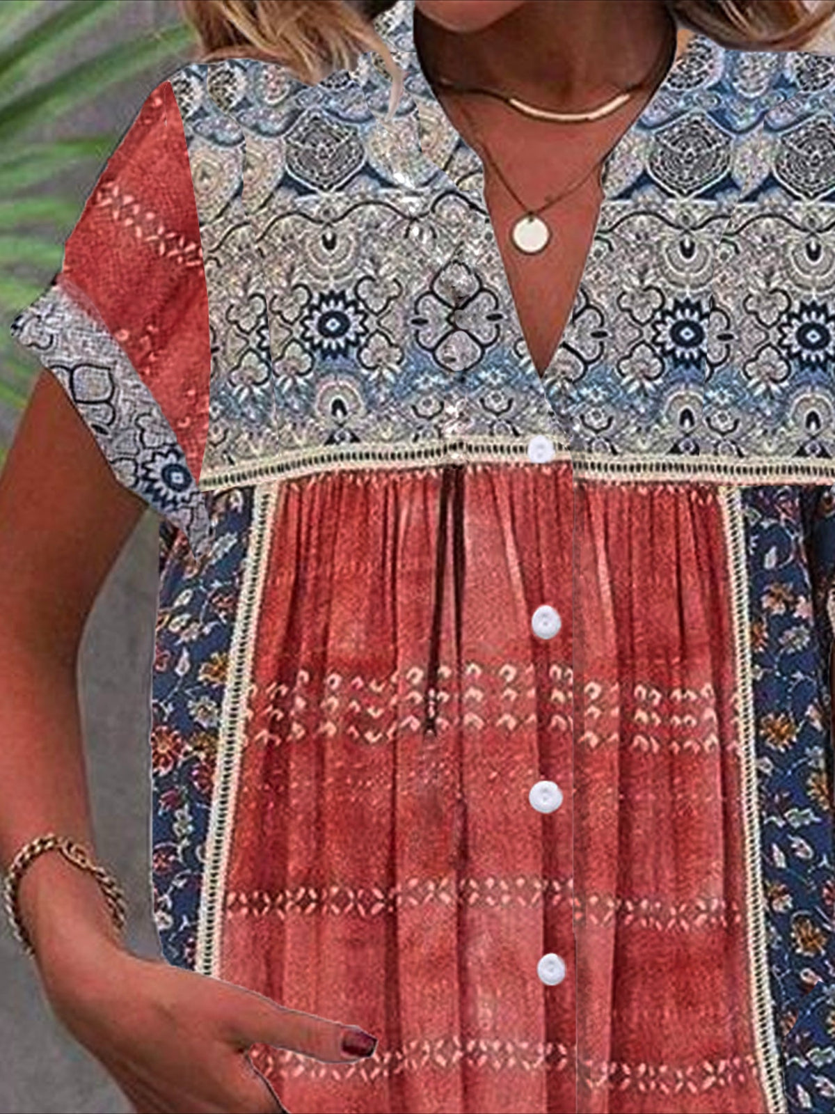 Random Print Short Sleeve Shirt Summer Notched Daily Casual Top