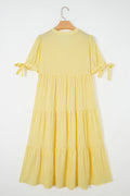 Yellow Gingham Textured Bow Tie Short Sleeve Tiered Midi Dress