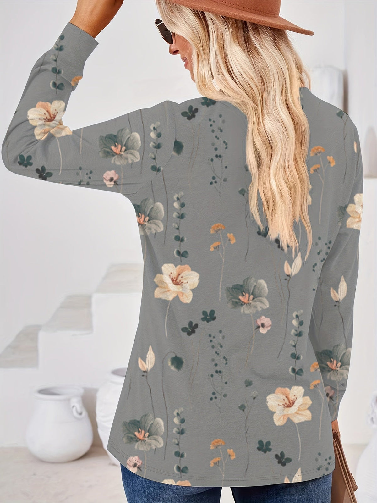 Floral Print V Neck Button T-Shirt, Casual Long Sleeve T-Shirt