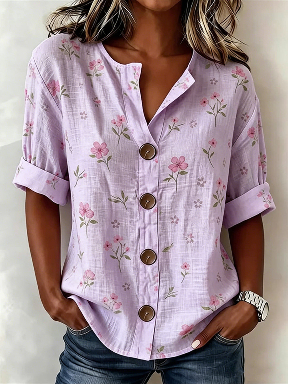 Strip Loose Stand Collar Simple Linen Blend Long Sleeve Shirt