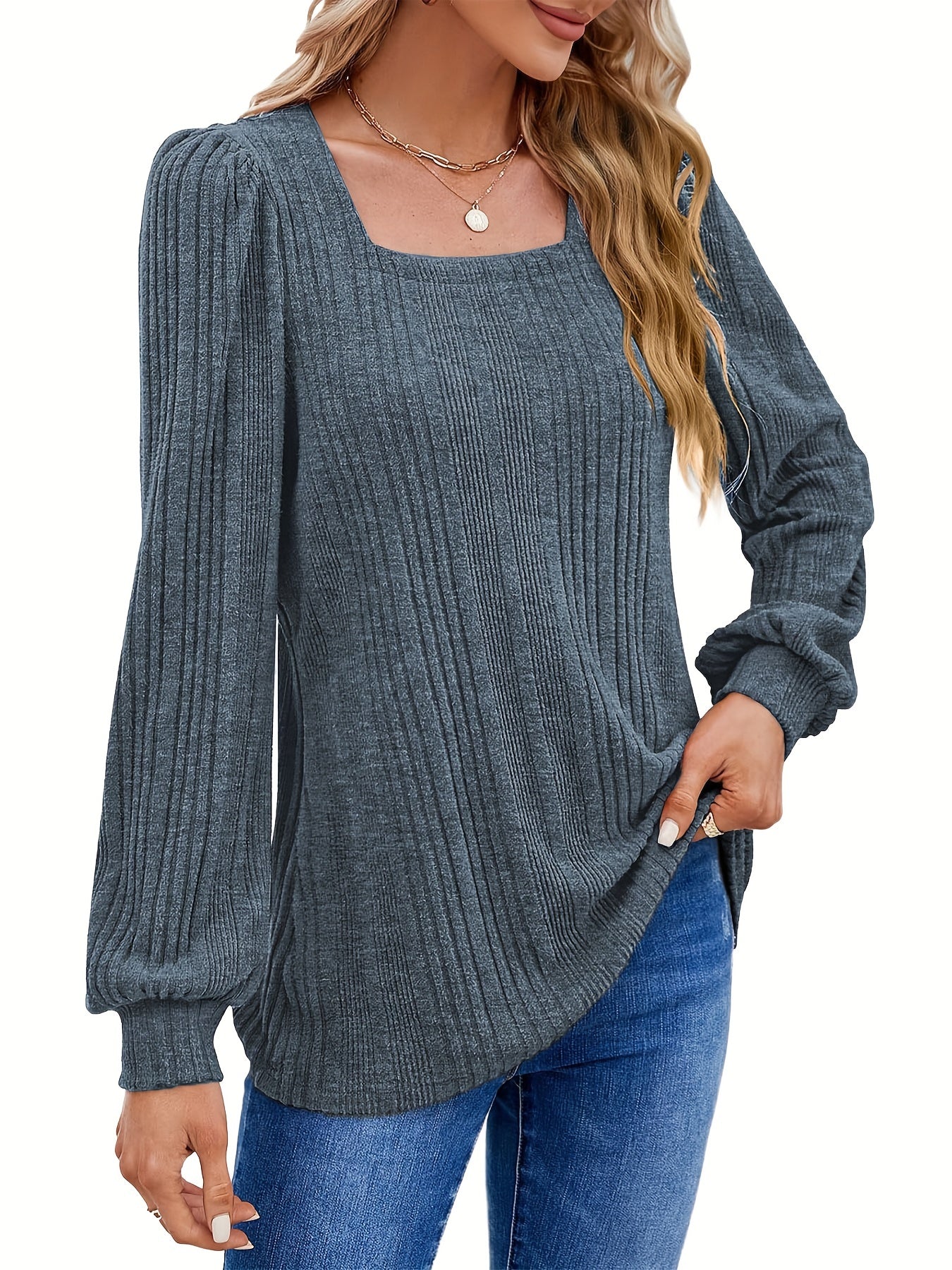 Solid Square Neck Rib Knit Top, Elegant Long Sleeve Sweater