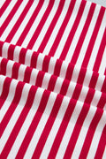 Red Stripe Colorblock Trim V Neck Tee Drawstring Elastic Waist Short Set