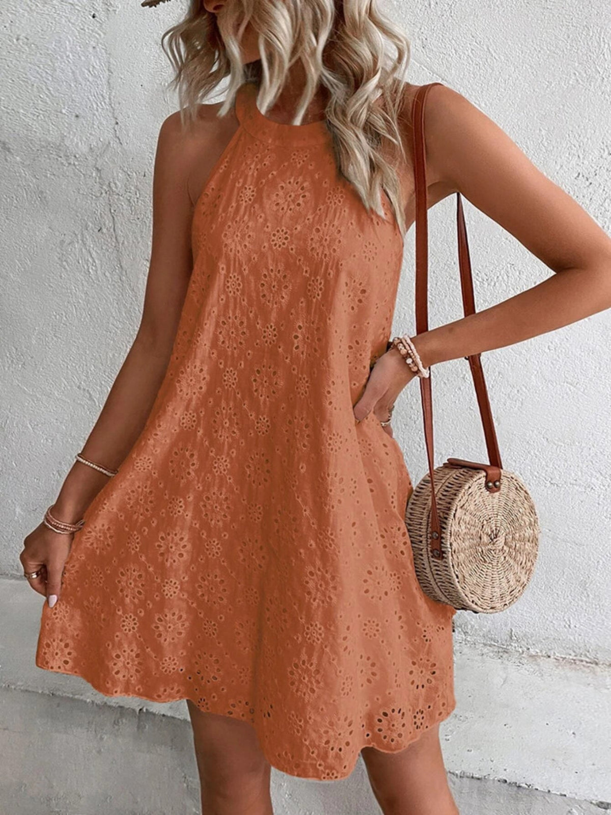 Keyhole Solid Dress, Casual Crew Neck Sleeveless Dress