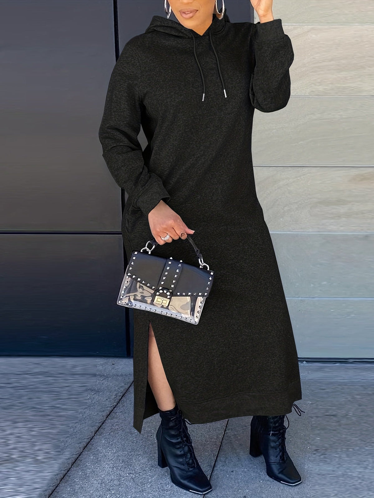 Drawstring Split Dress, Casual Hooded Long Sleeve Maxi Dress