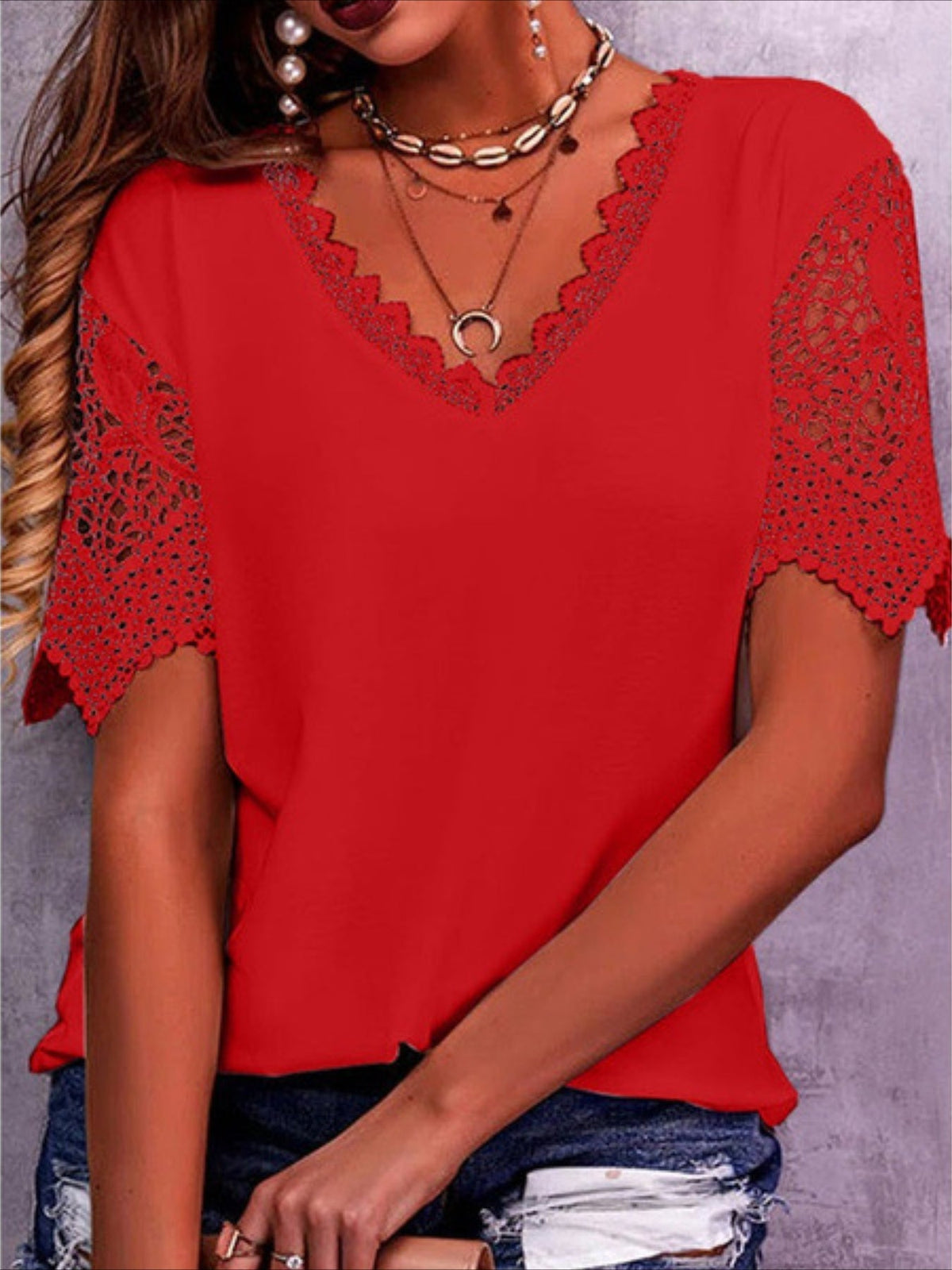 Pure Color Lace Patchwork Short Sleeve T-shirt