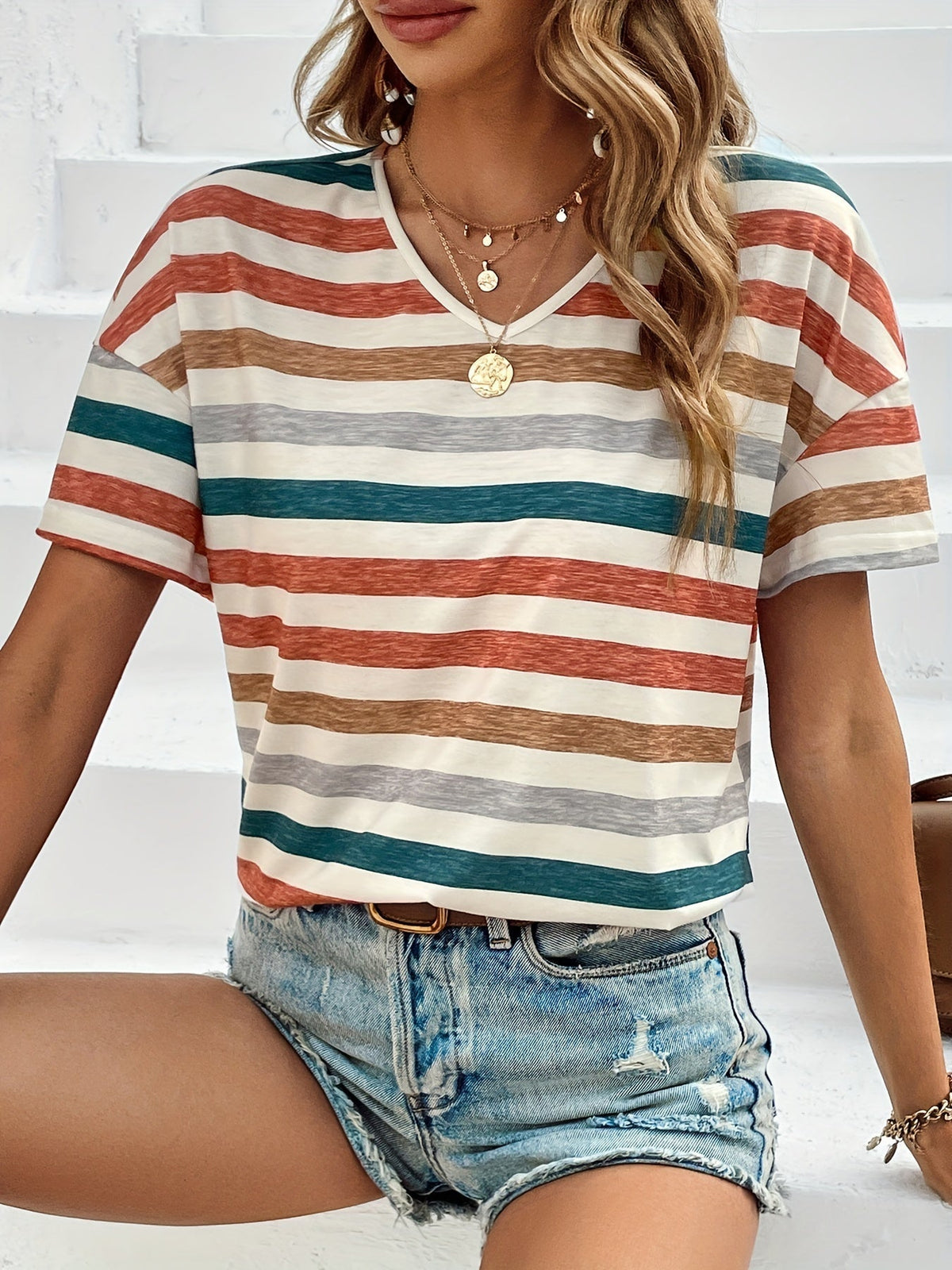 Vintage Striped V Neck Short Sleeve T-Shirt