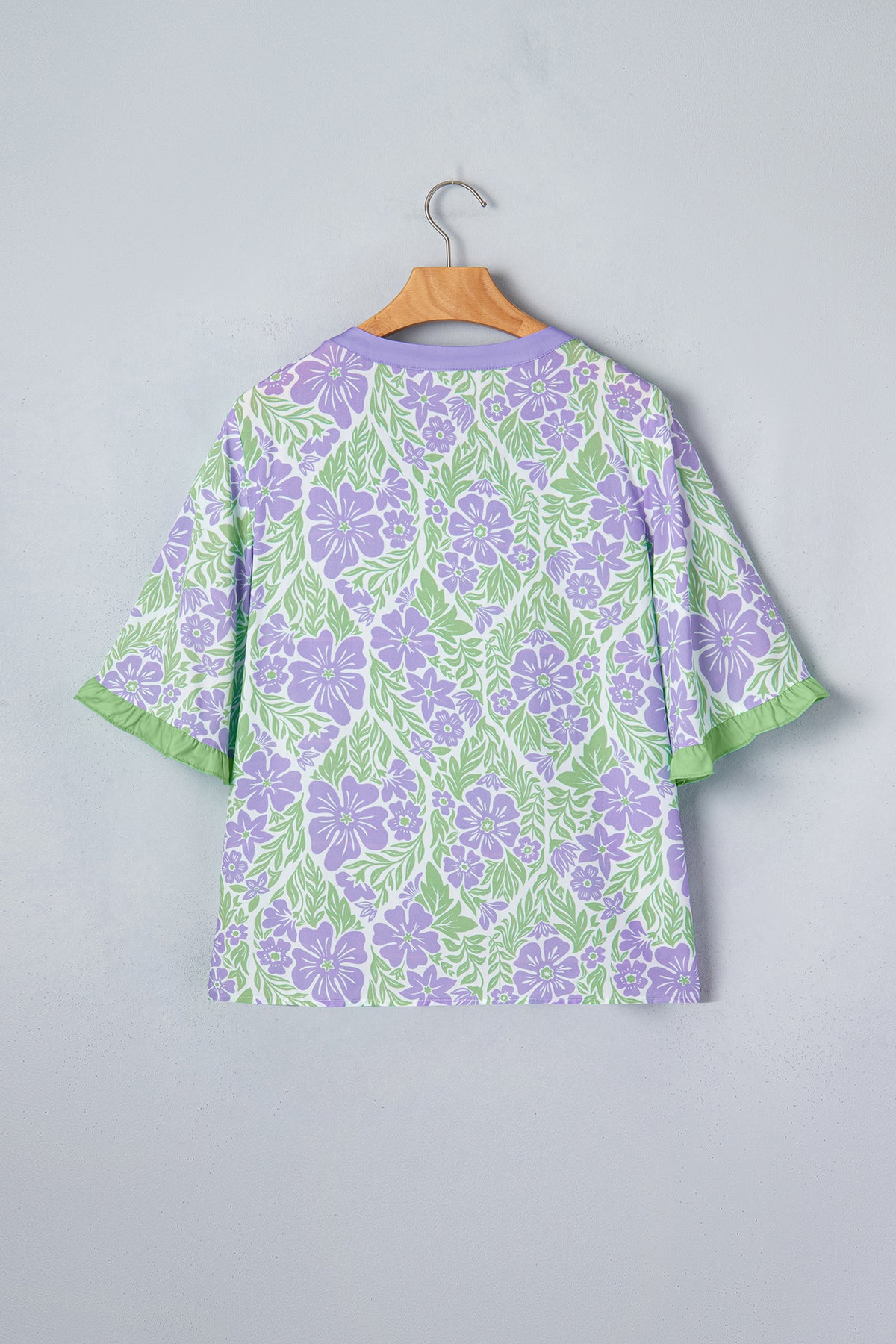 Purple Floral Print Ruffled Color Block Trim Half Sleeve Blouse