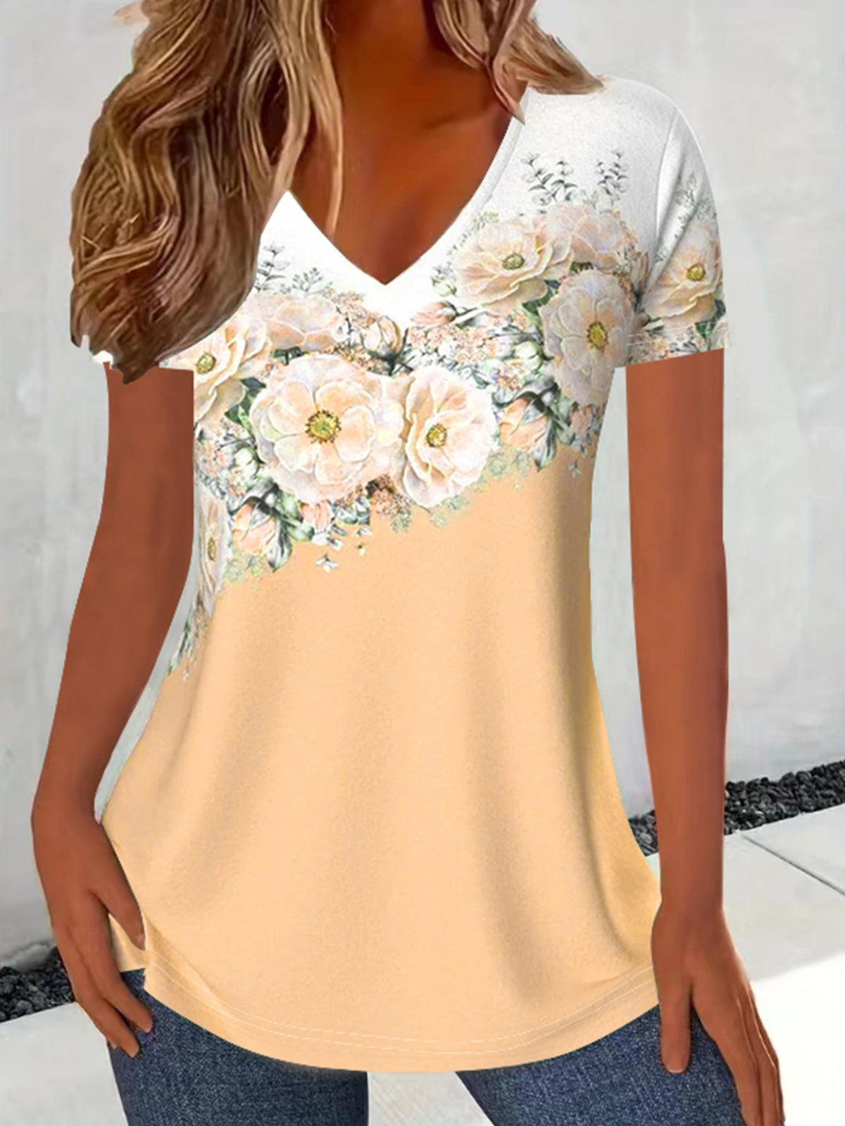 V Neck Short Sleeve Cute Print Graphic Tees