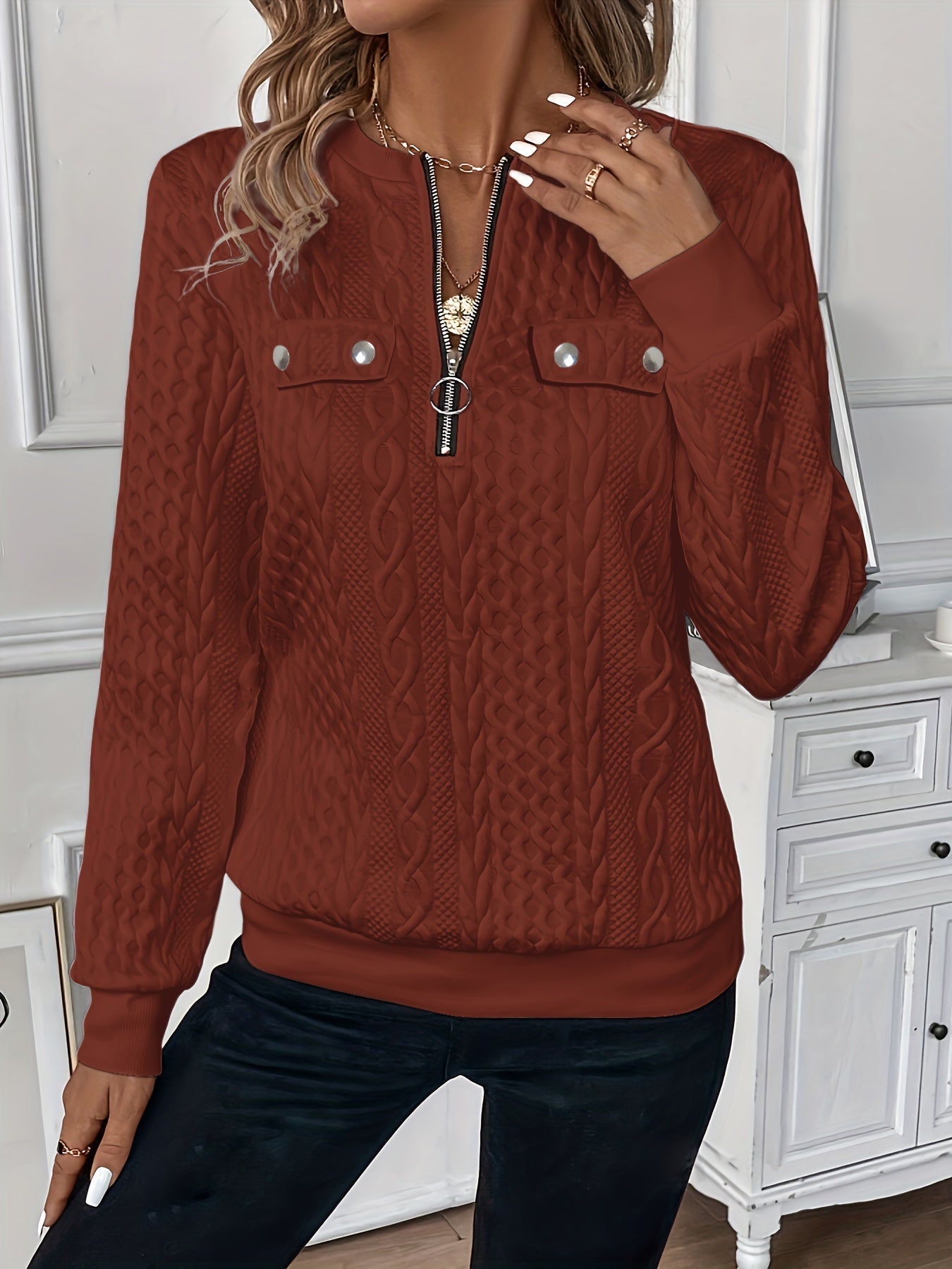 Elegant Crew Neck Zipper Sweatshirt, Solid Color Long Sleeve Top