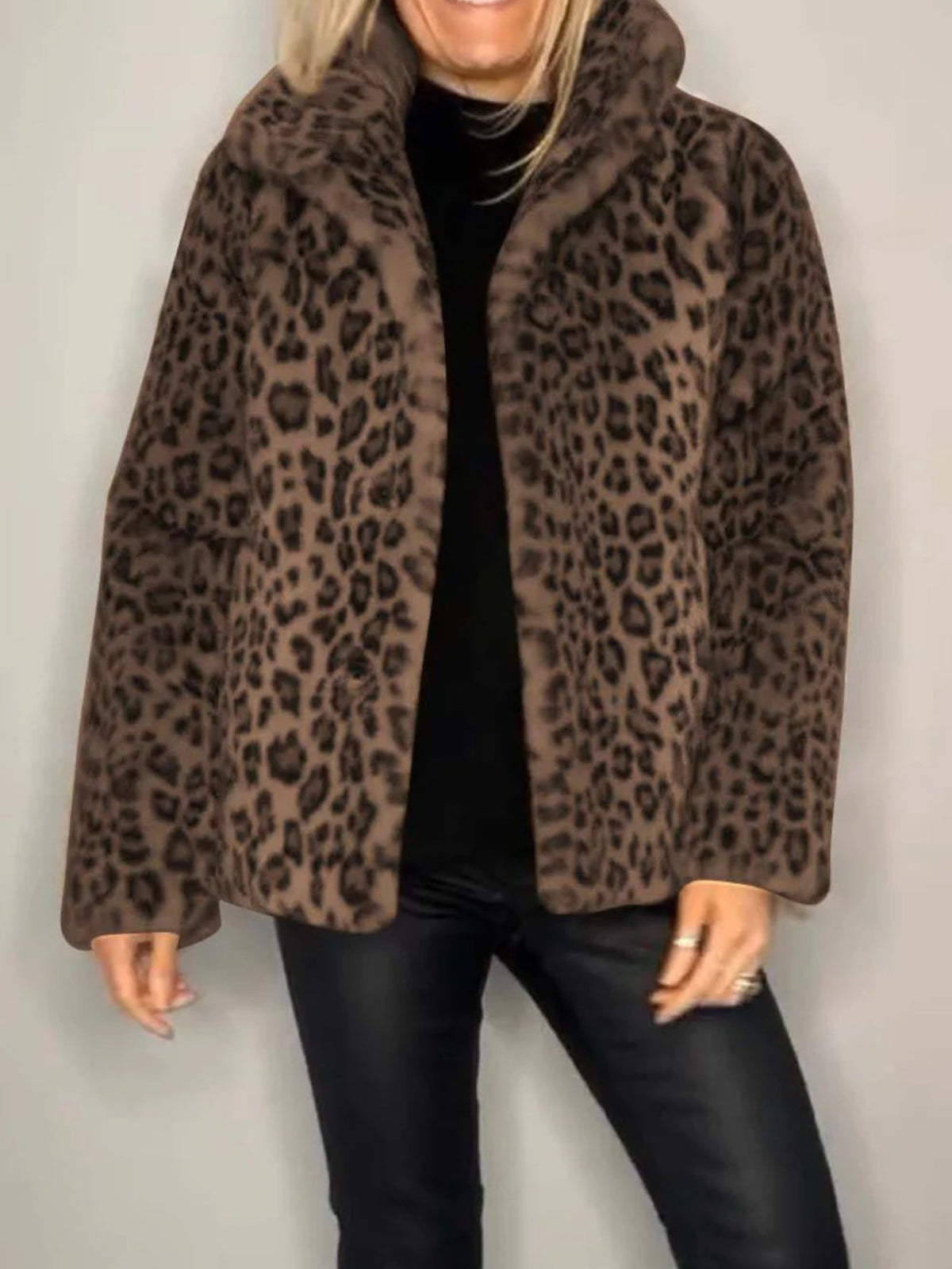 Full Size Leopard Furry Collared Neck Long Sleeve Coat
