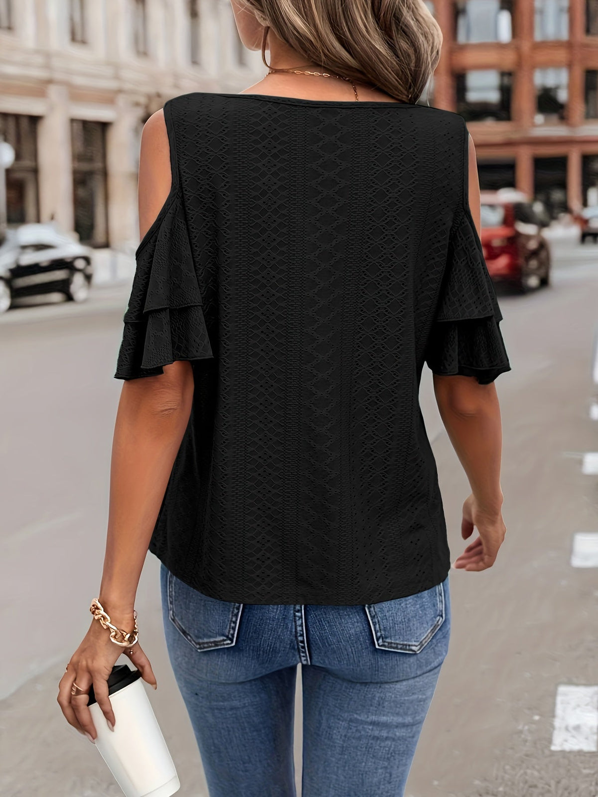 Cold Shoulder V Neck Eyelet T-Shirt, Casual Flutter Tiered Sleeve T-Shirt