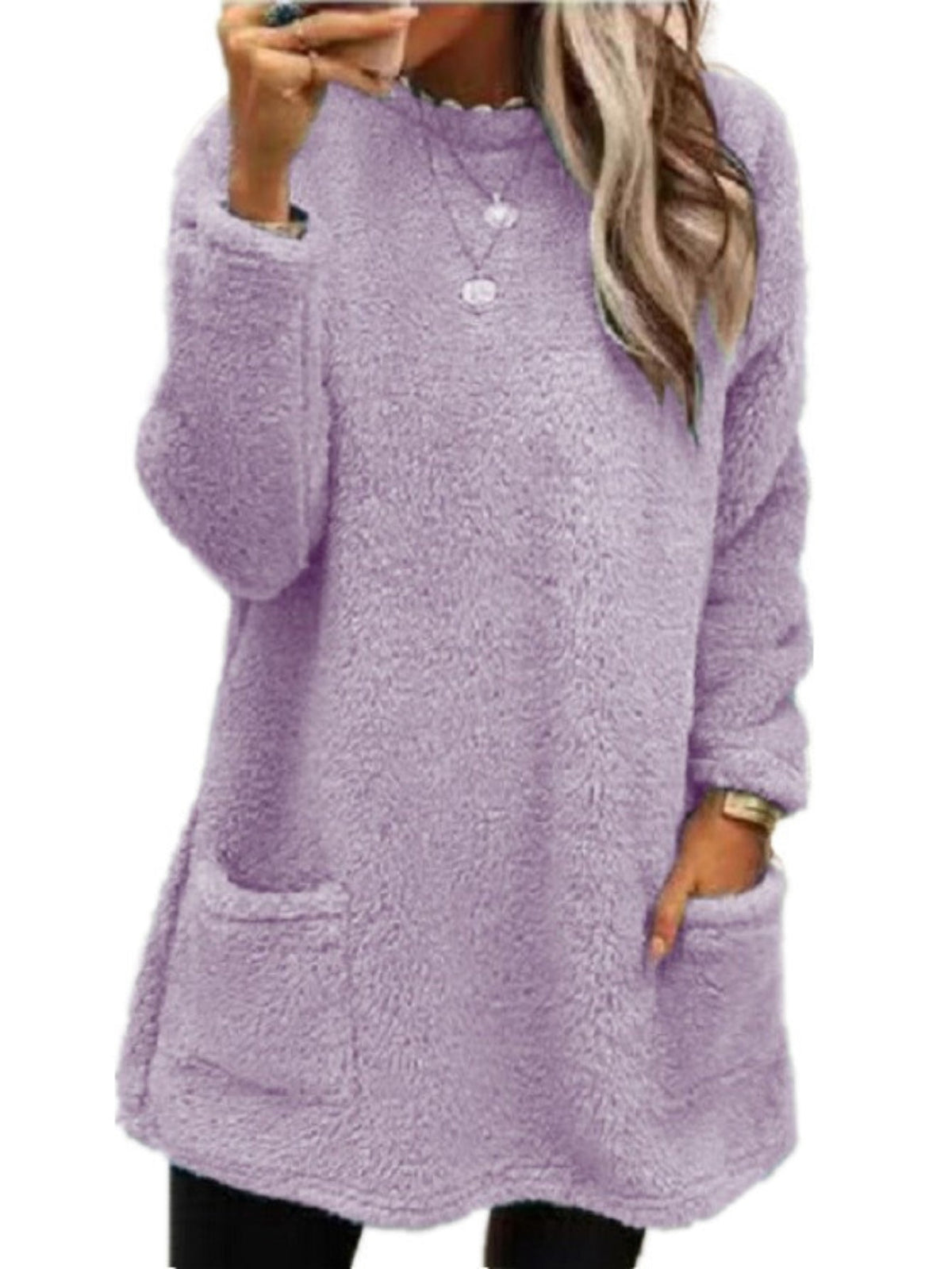 Solid Color Pullover Teddy Sweatshirt, Casual Long Sleeve Crew Neck Dual Pockets Sweatshirt