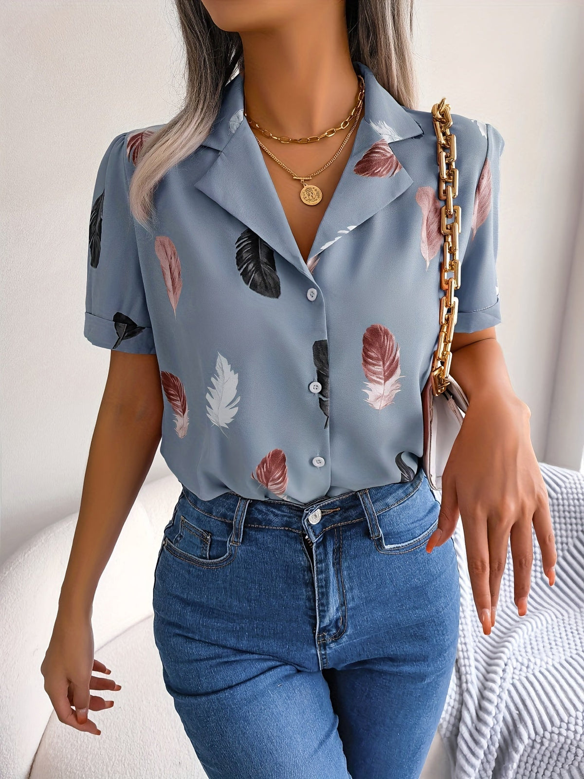 Feather Print Button Front Shirt, Casual Lapel Short Sleeve Shirt
