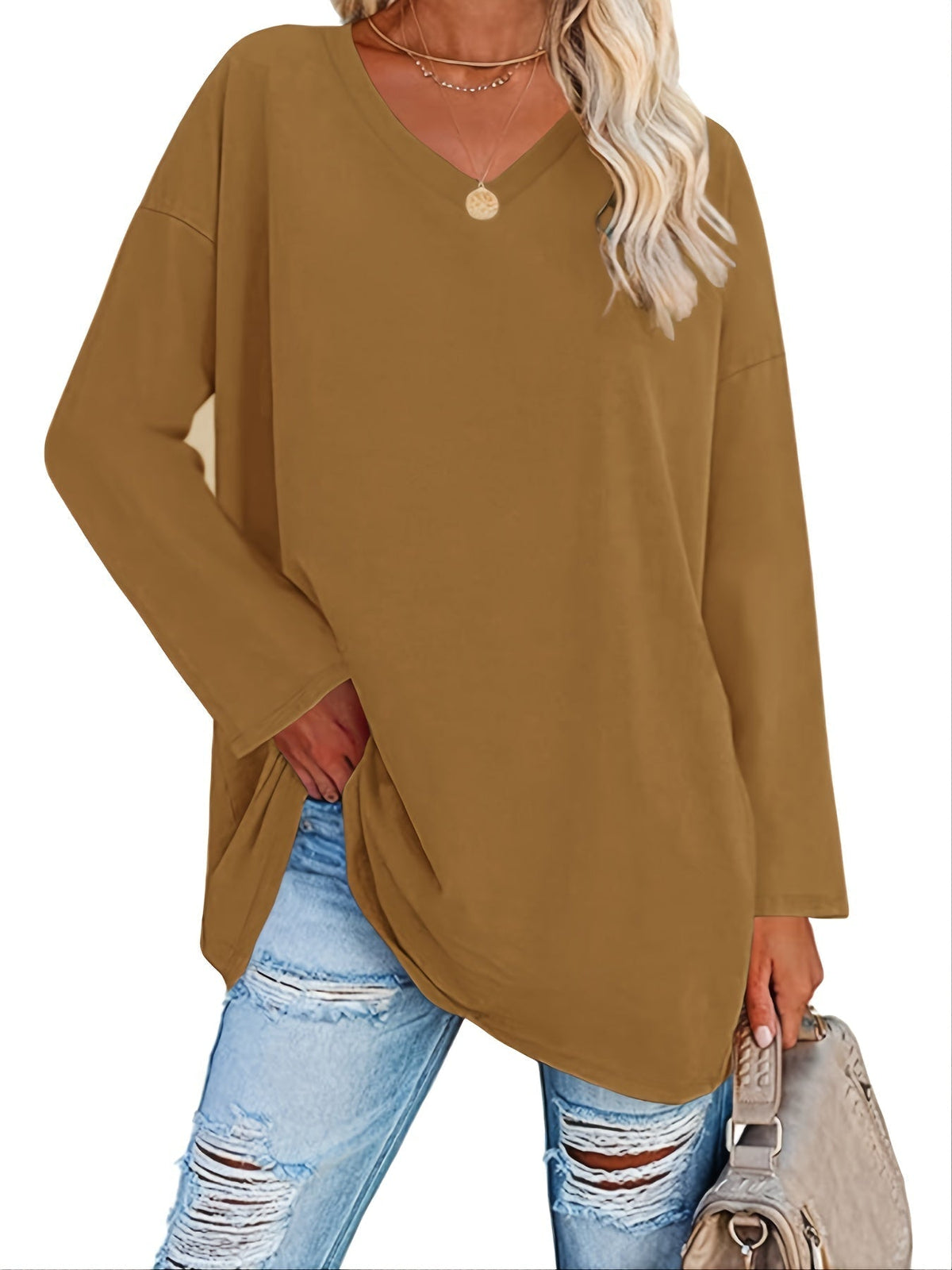 Women's Solid Color Oversized Tops, V-Neck Long Sleeve T-Shirts, Casual Loose Shirts