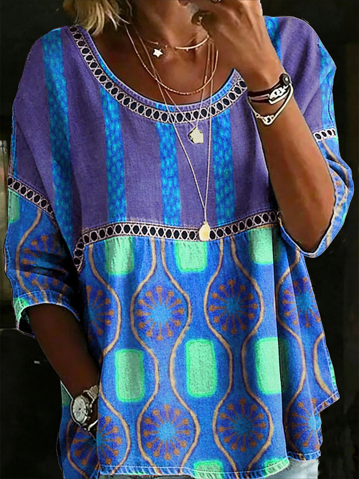 Printed Mid Sleeve Pleated Round Neck Top