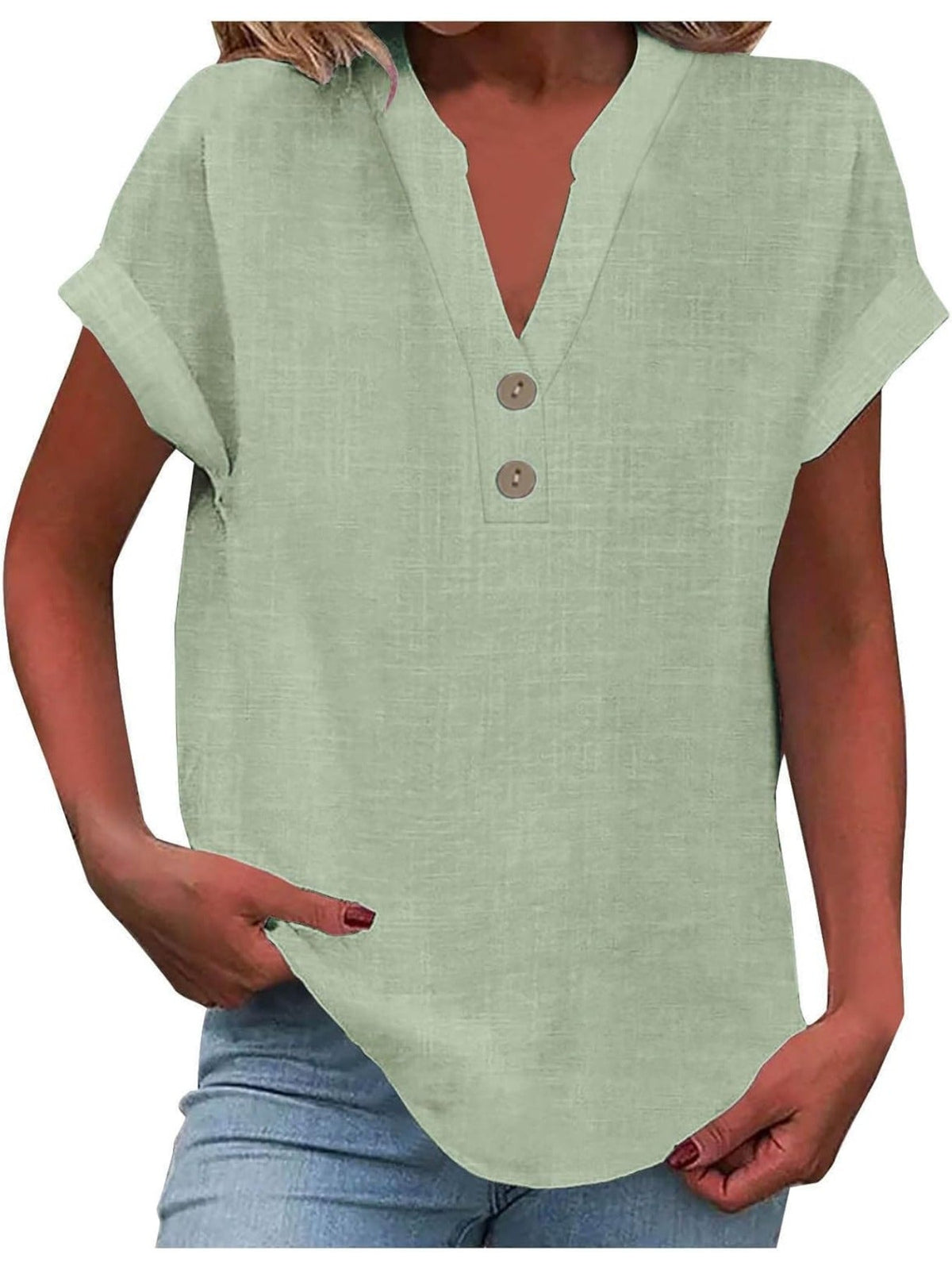 Solid Color V Neck Short Sleeve Button Down T Shirts