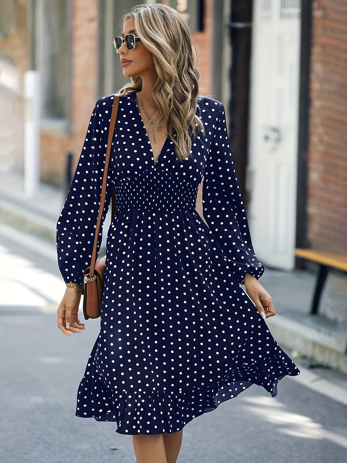 Retro V-neck Ruffle Dress, Polka Dot Print Long Sleeve Waist Loose Summer Dresses