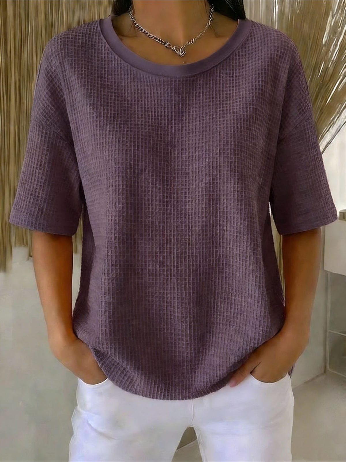 Waffle Solid Color Classic Modern Casual Short Sleeve Crew Neck Regular Tops