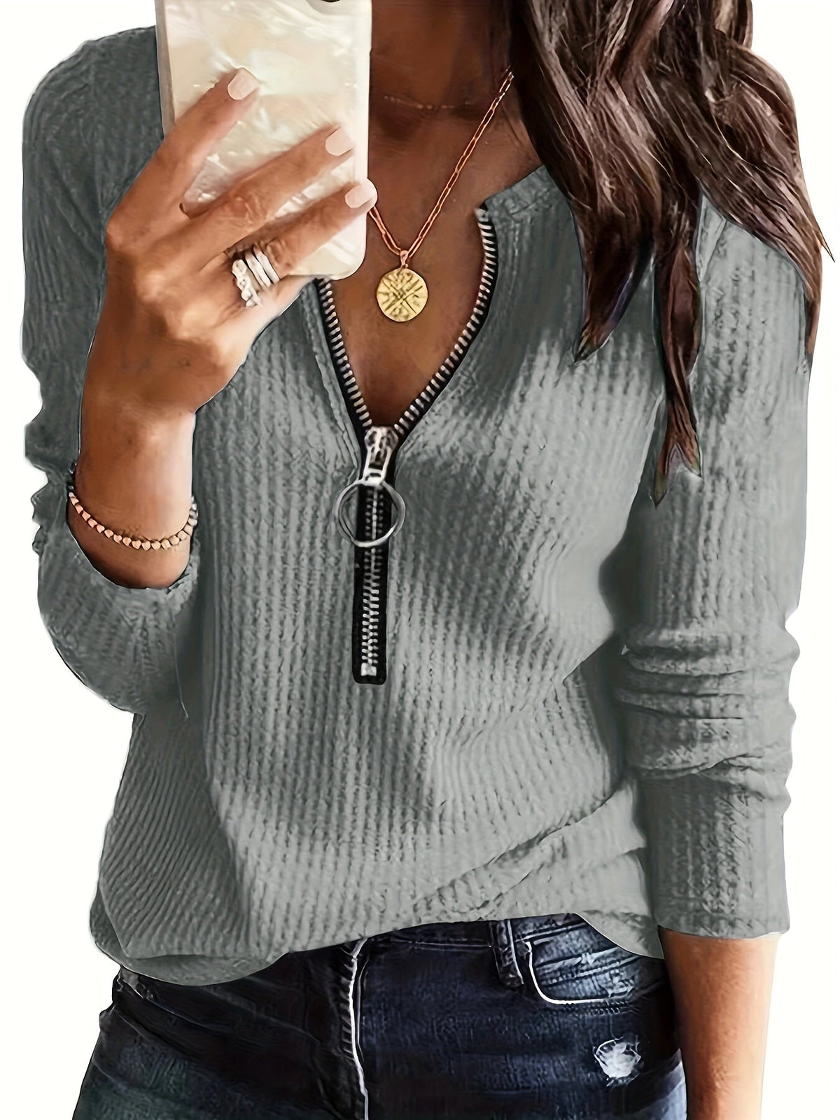 Long Sleeve Ribbed T-Shirt, Casual Zip Front Top