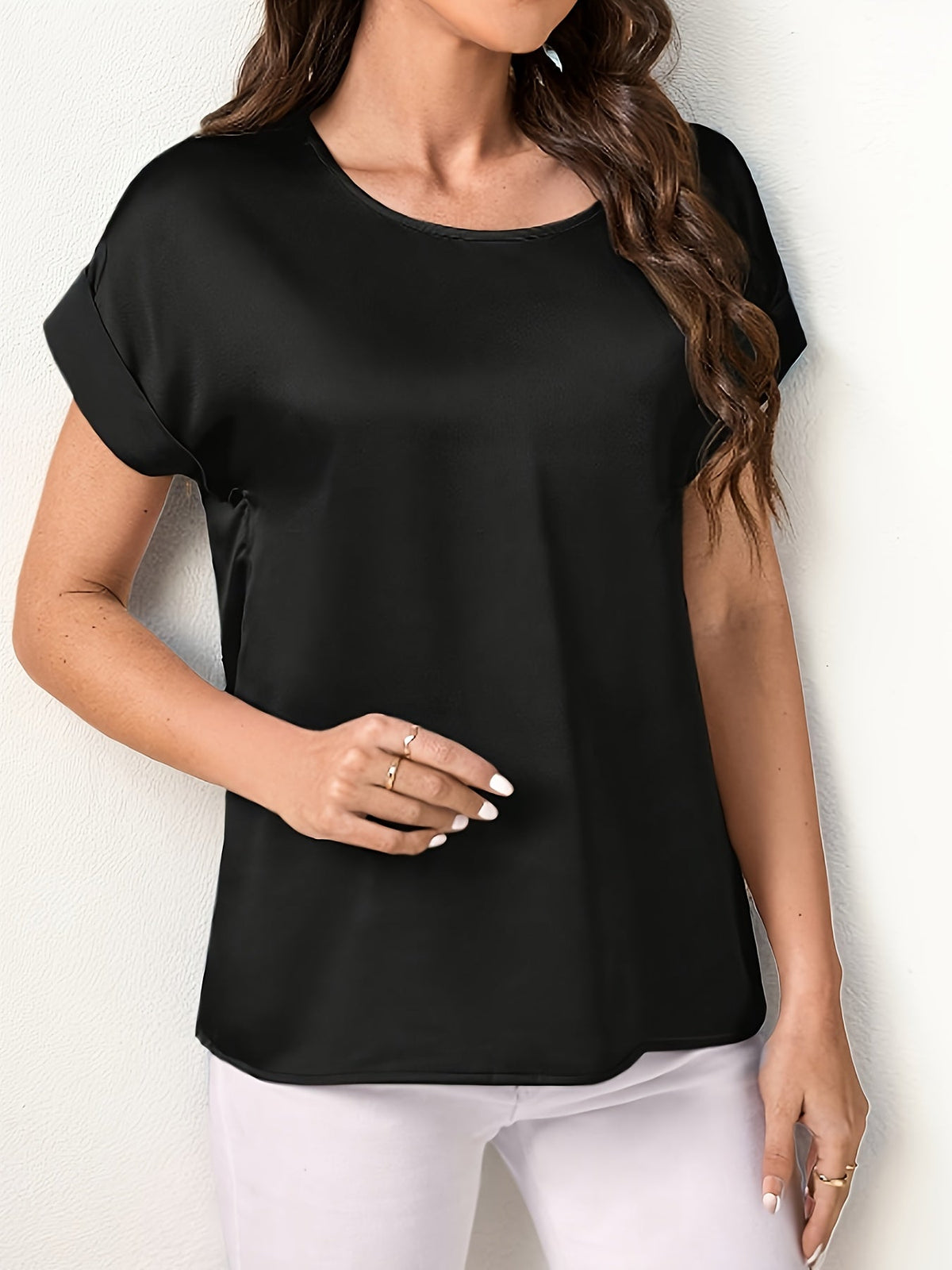 Elegant Loose Versatile Chic T-Shirt, Short Sleeve Crew Neck Top
