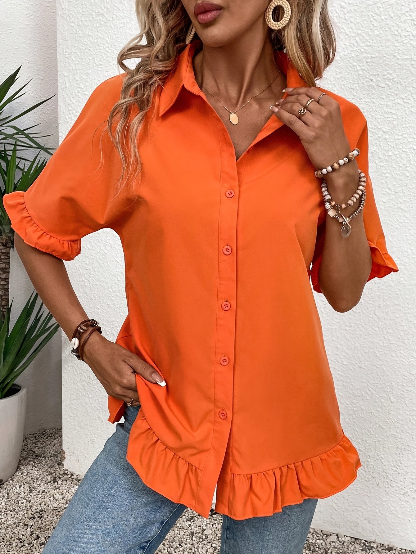 Elegant Solid Color Loose Fit Ruffled Sleeve Blouse
