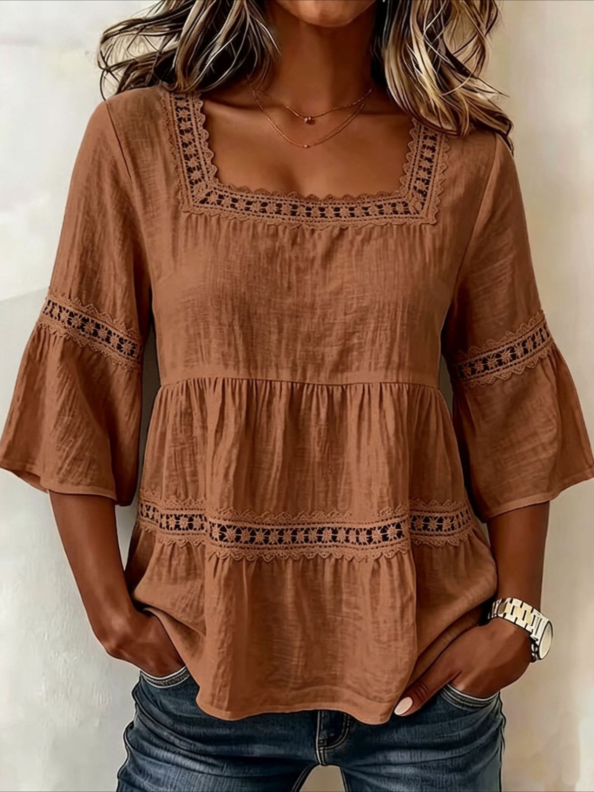 3/4-Length Bell Sleeves Square-Neck Lace-Panel Blouse