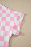 Pink Checkered Print Color Block Trim Mock Neck Short Set