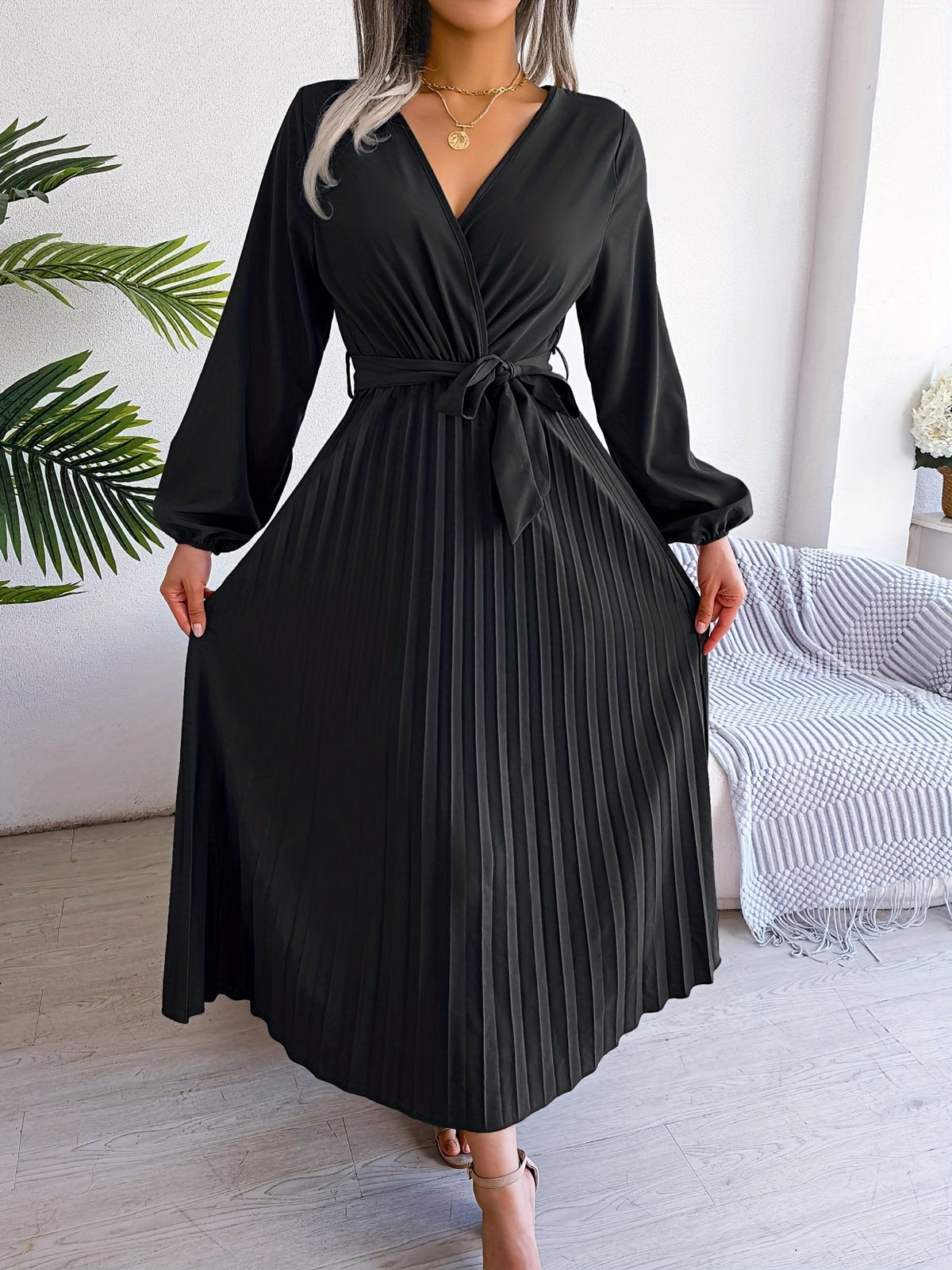 Pleated Surplice Neck Dress, Elegant Long Sleeve Solid Dress, Women's Clothing