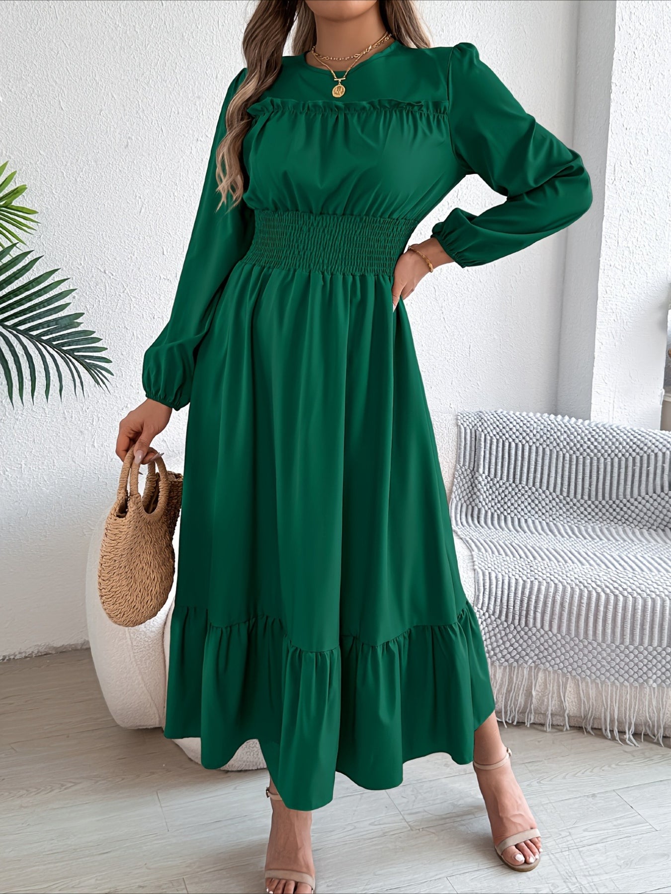 Elegant Long Sleeve Hem Round Neck Dress