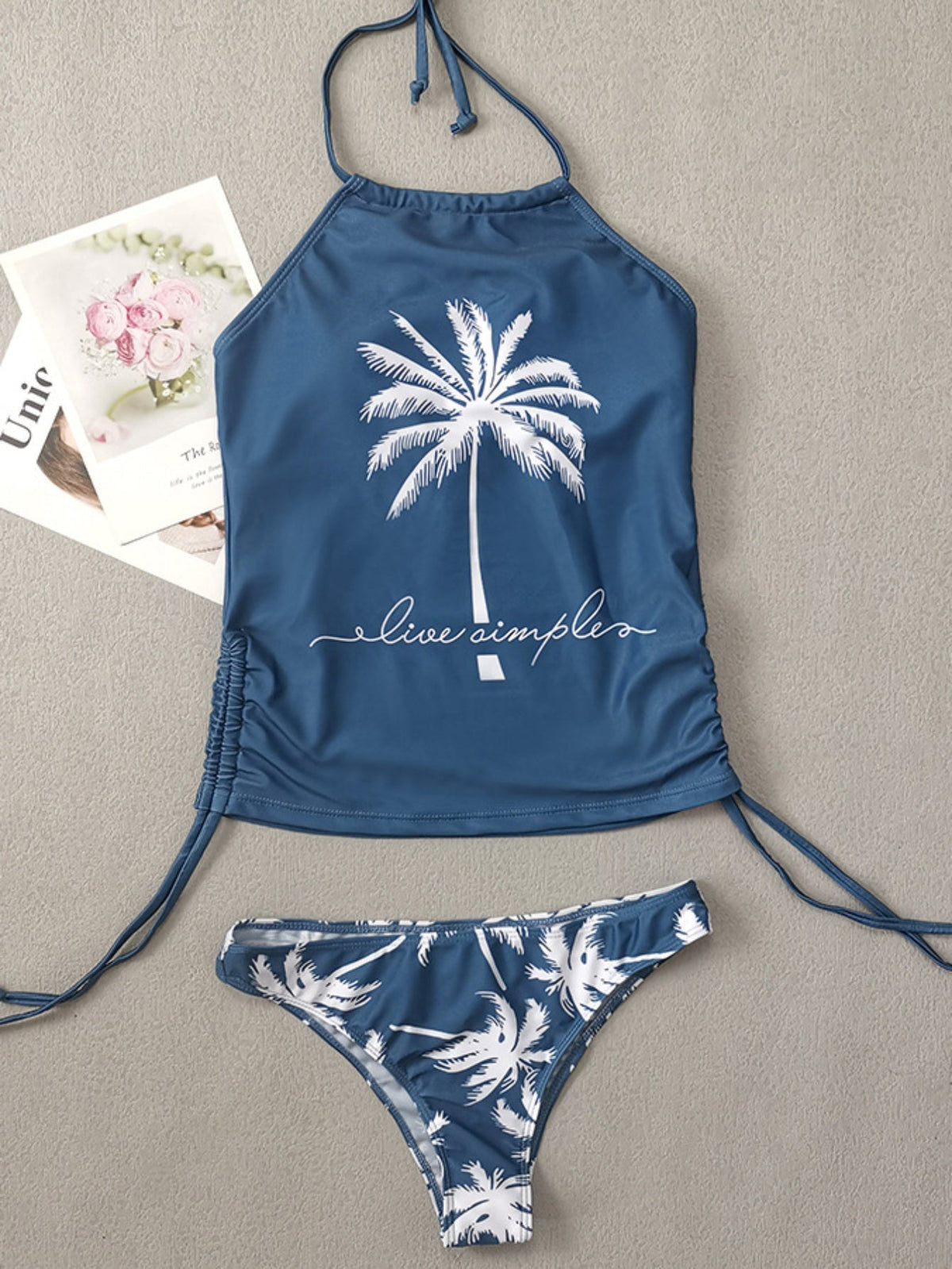 Coconut Tree Sunset Pattern Drawstring 2 Piece Set Swimsuit, Halter Tie Neck Backless Stretchy Low Waist Bathing Suit