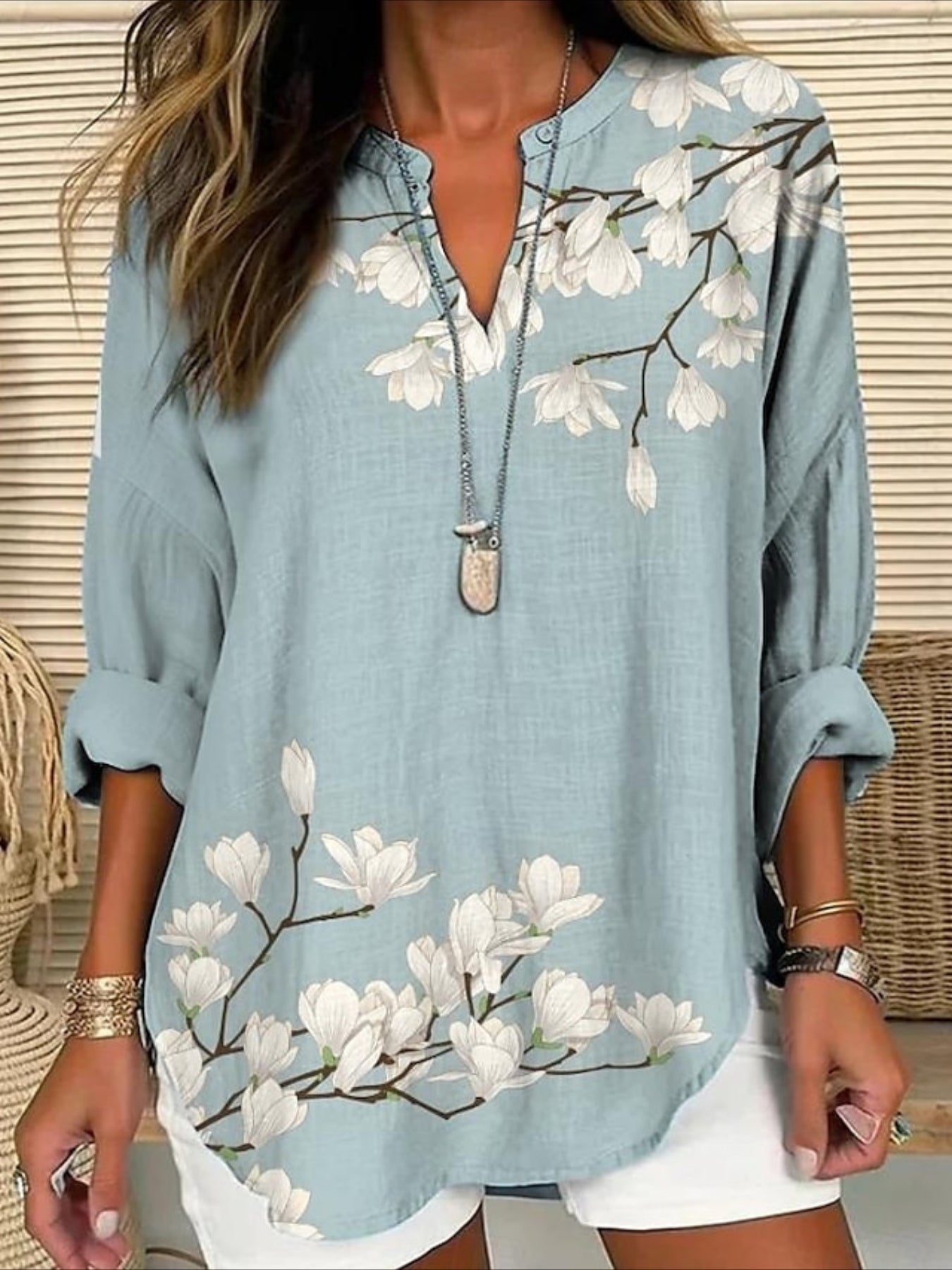 Floral Basic Casual Long Sleeve V Neck Regular Tops