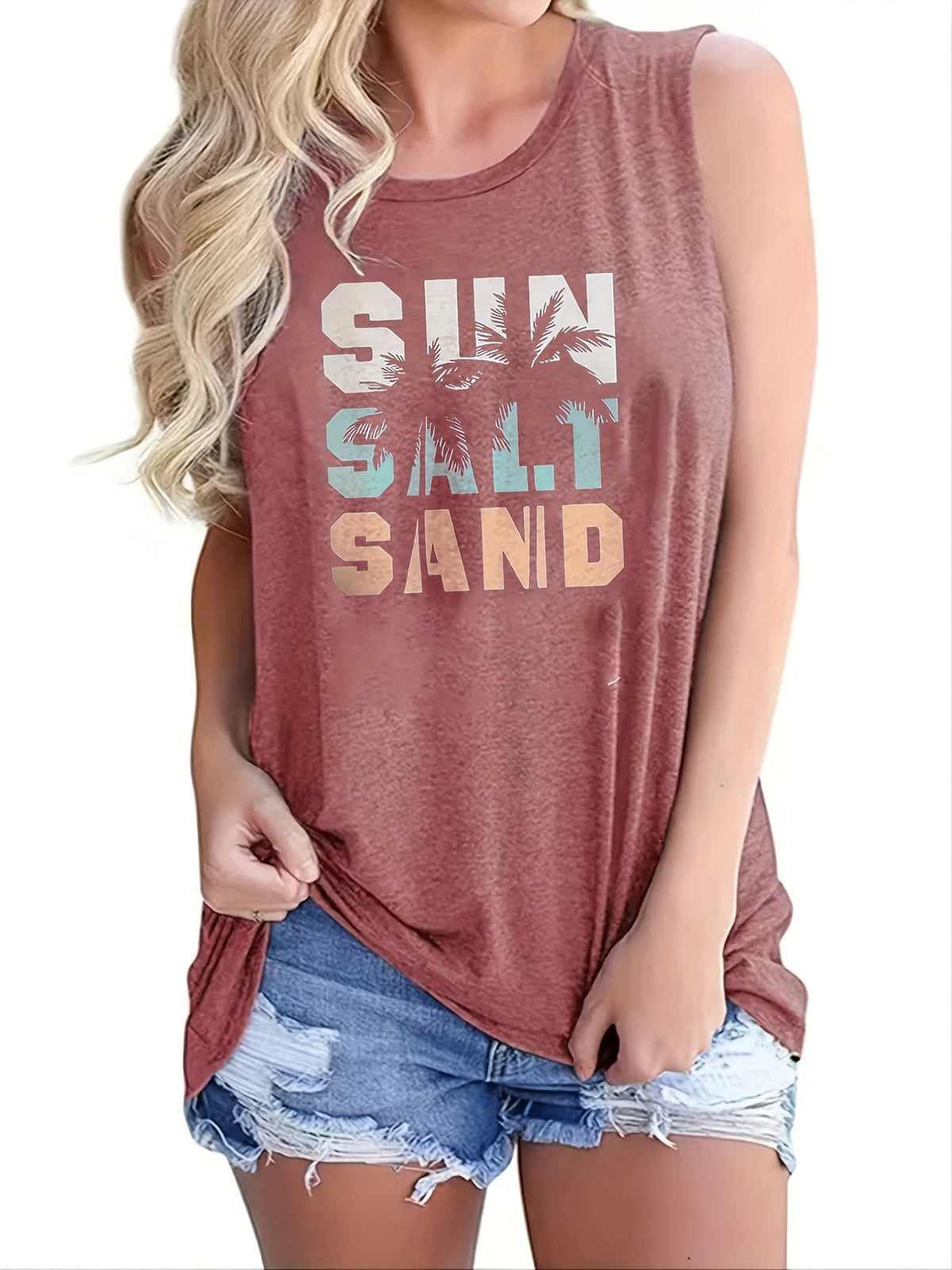 Sun Salt Sand Print Tank Top, Casual Sleeveless Crew Neck Beach Tank Top