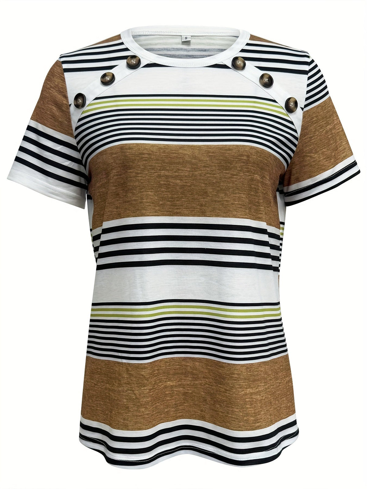 Button Front Vibrant Striped Short Sleeve Crew Neck T-Shirt