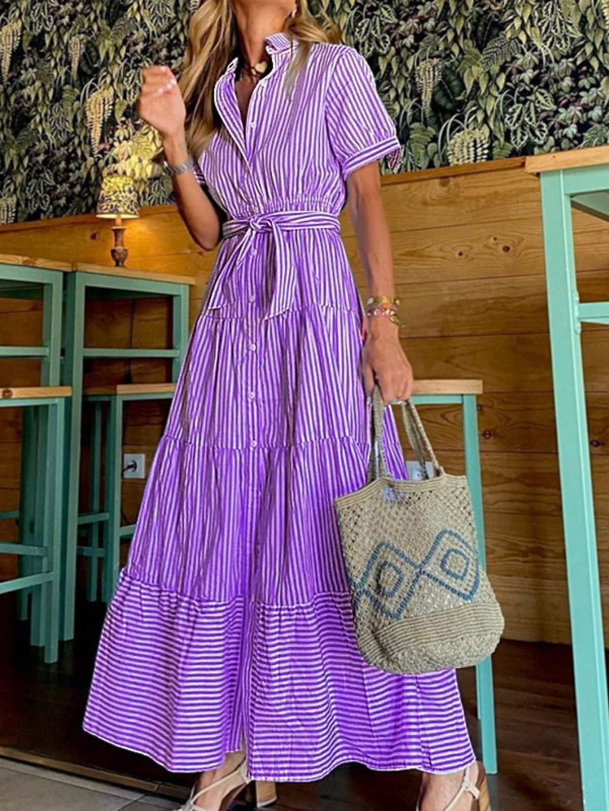 Button Front Short Sleeves Vibrant Striped Tunic Shirt Maxi Dress