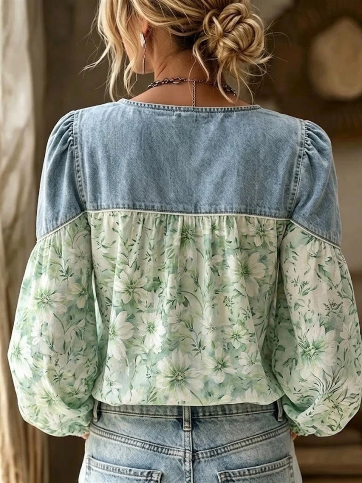 Vintage Denim V-neck Splicing Long Sleeve Shirt