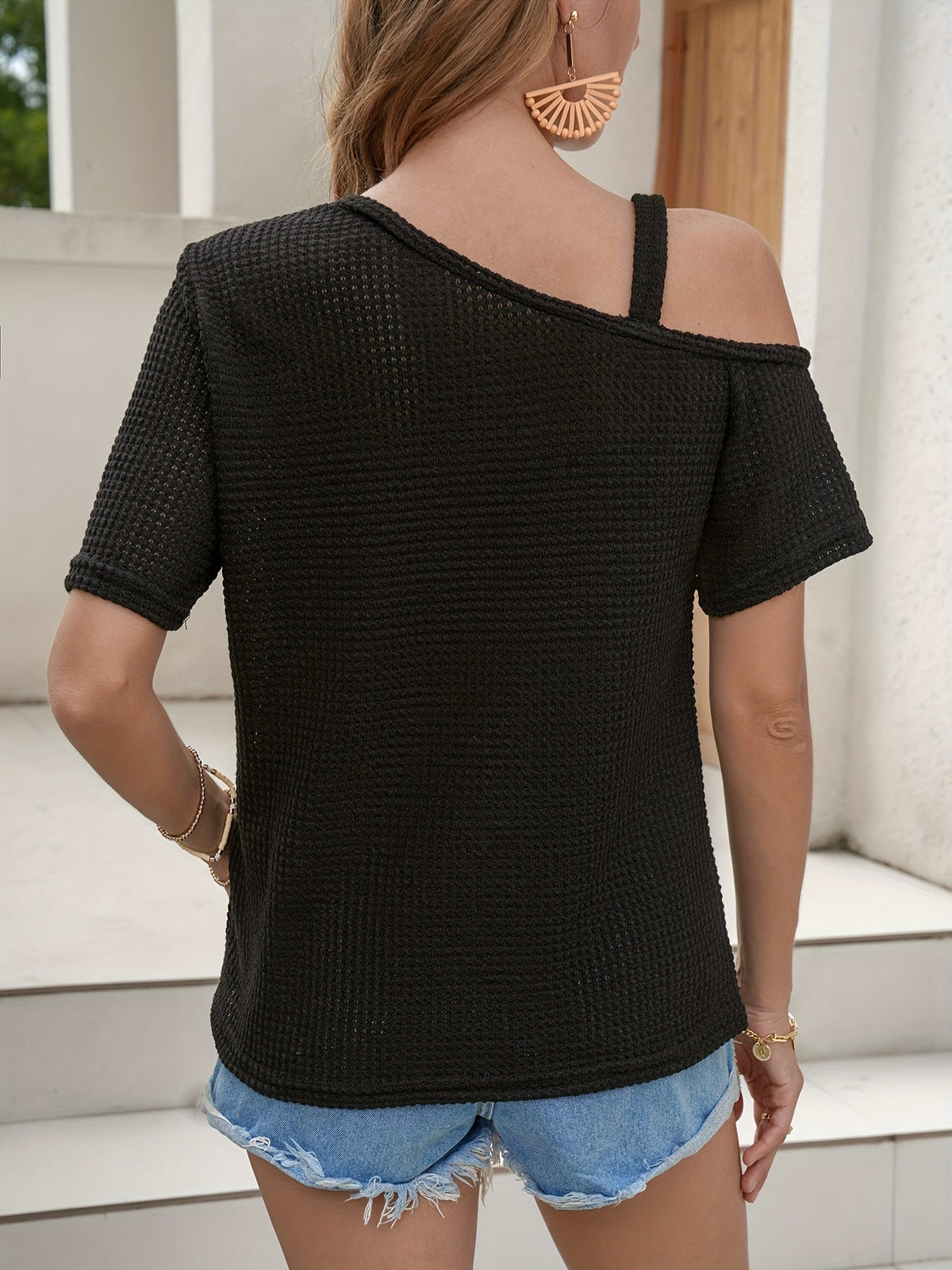 Women's Asymmetrical Waffle Blouse with Slanted Chain Shoulder and Short Sleeves