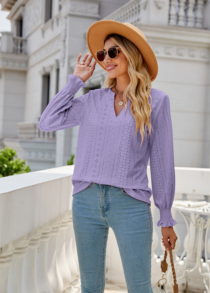 Solid Color Hollow Pleated Ruffle Sleeve V-Neck Loose Long Sleeve Top