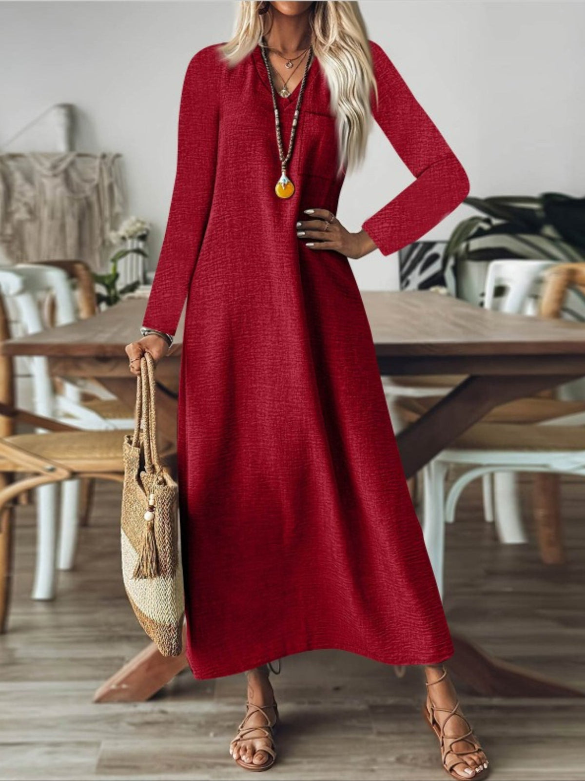 Back Zipper Solid Color Long Sleeve Cotton and Linen Dress