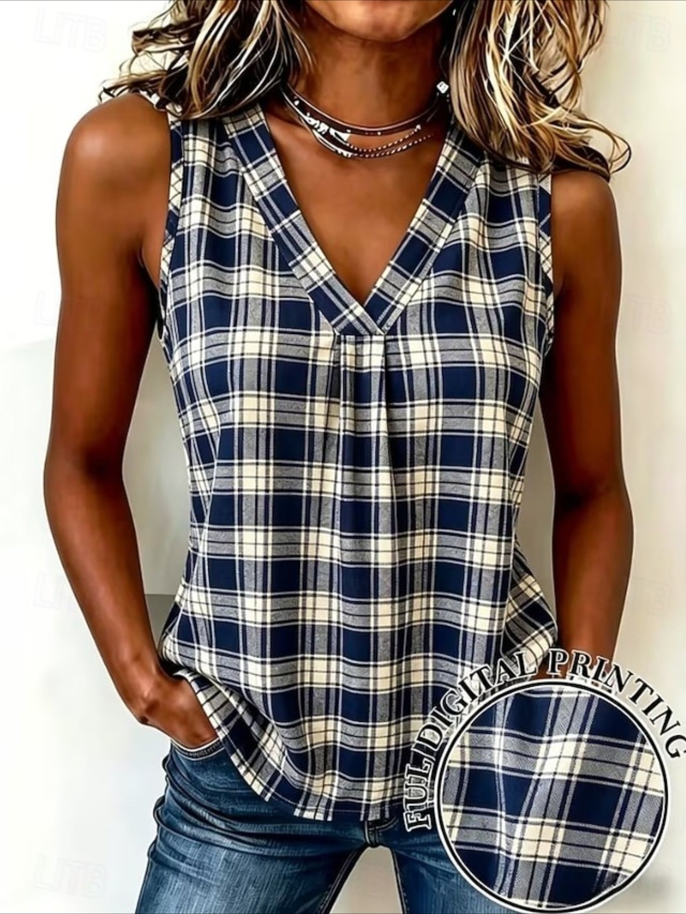 V-Neck Pullover Plaid Print Simple and Elegant Commuter Tank Top