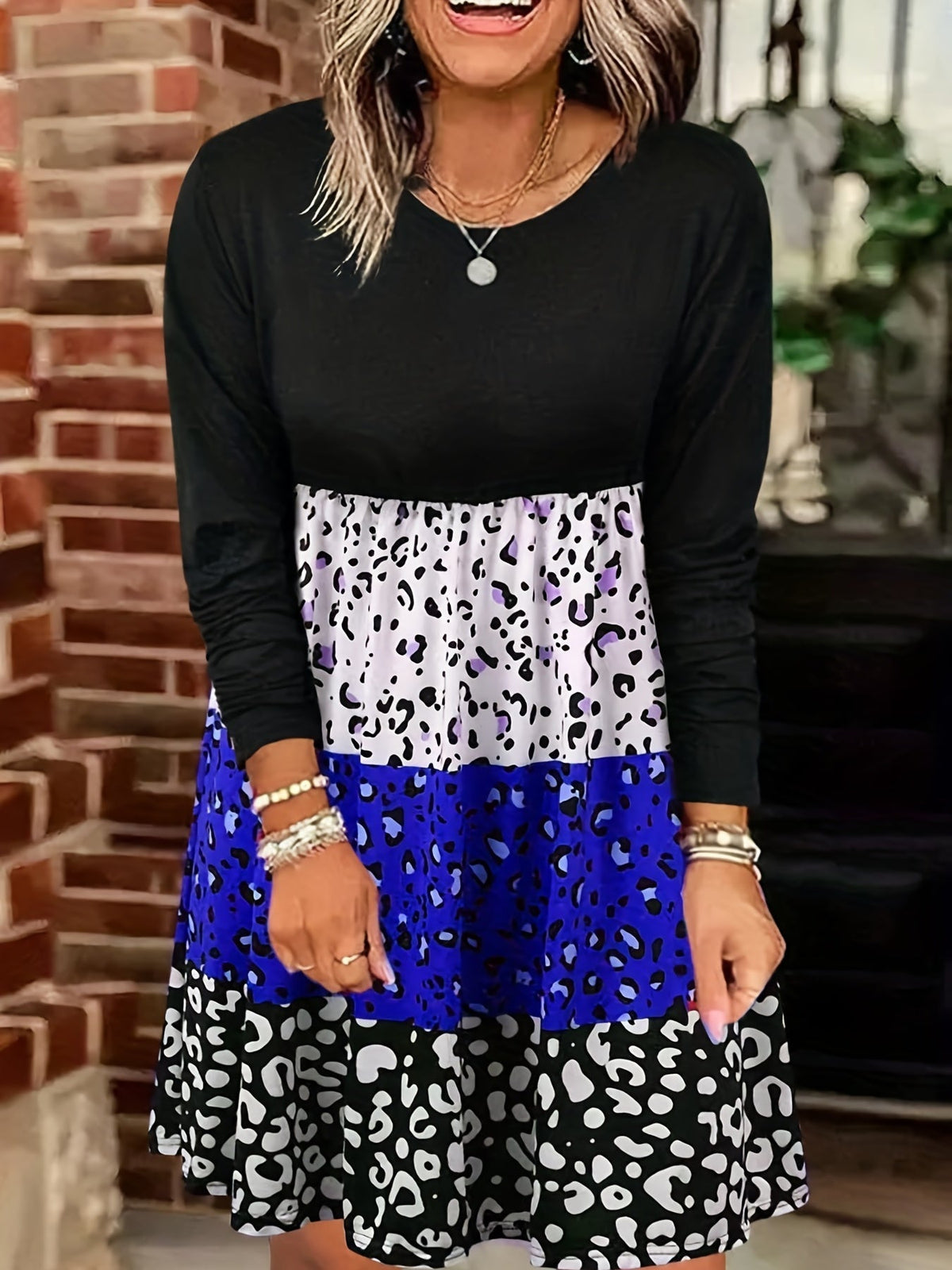 Leopard Print Color Block Dress, Casual Crew Neck Long Sleeve Dress